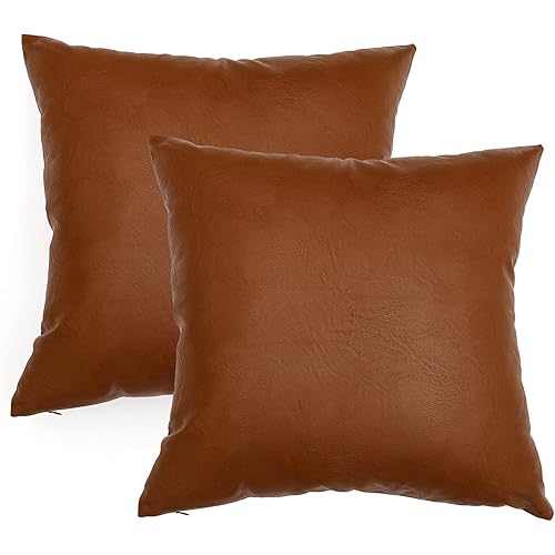 ChrisDowa Set of 2 Faux Leather Throw Pillow Covers, Thick Cognac Modern Solid Decorative for Bedroom Living Room. Cushion Cases for Couch Bed Sofa.Brown,18"x18"