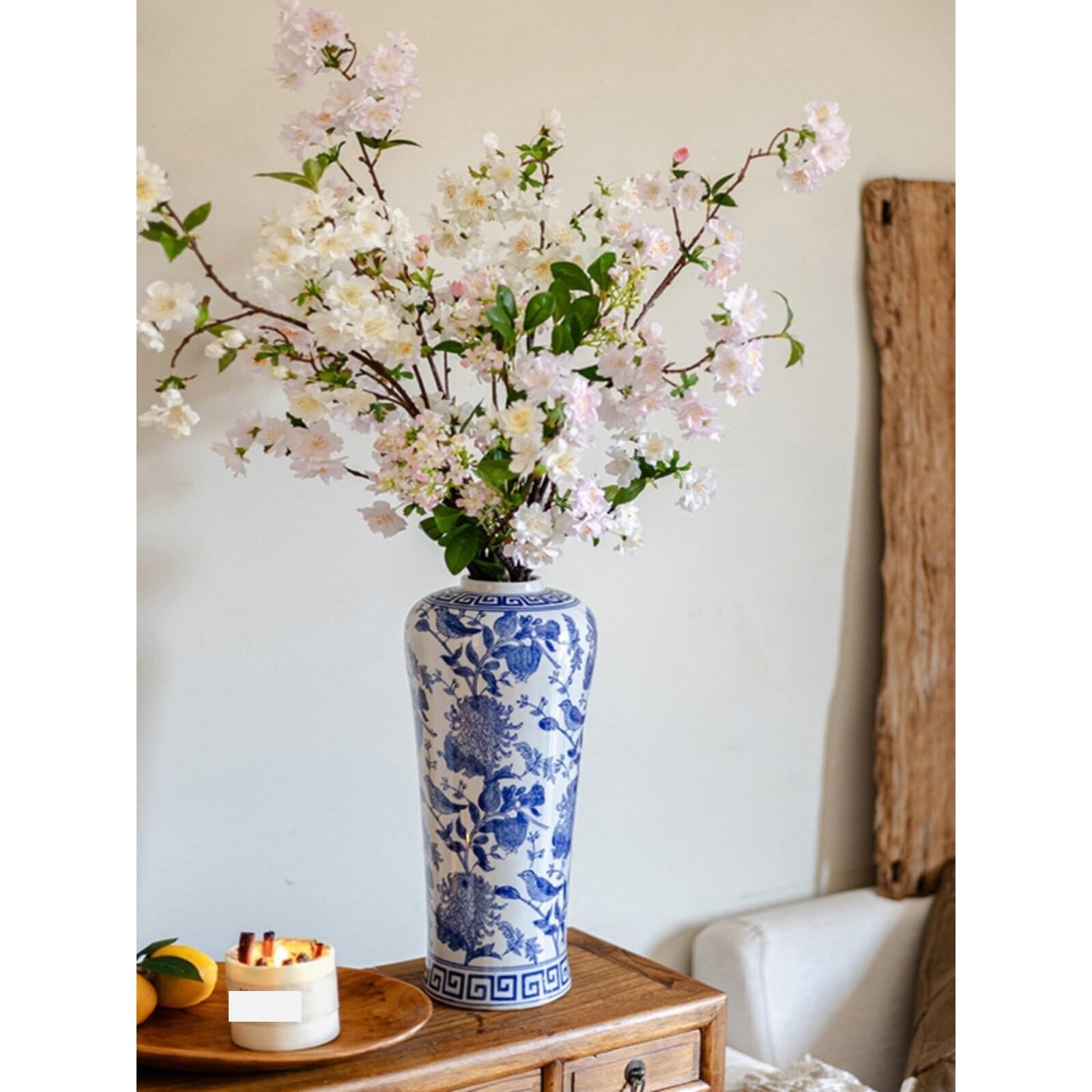Jarrón para Mesa Jarrón de Porcelana Azul y Blanca 39 cm Alto