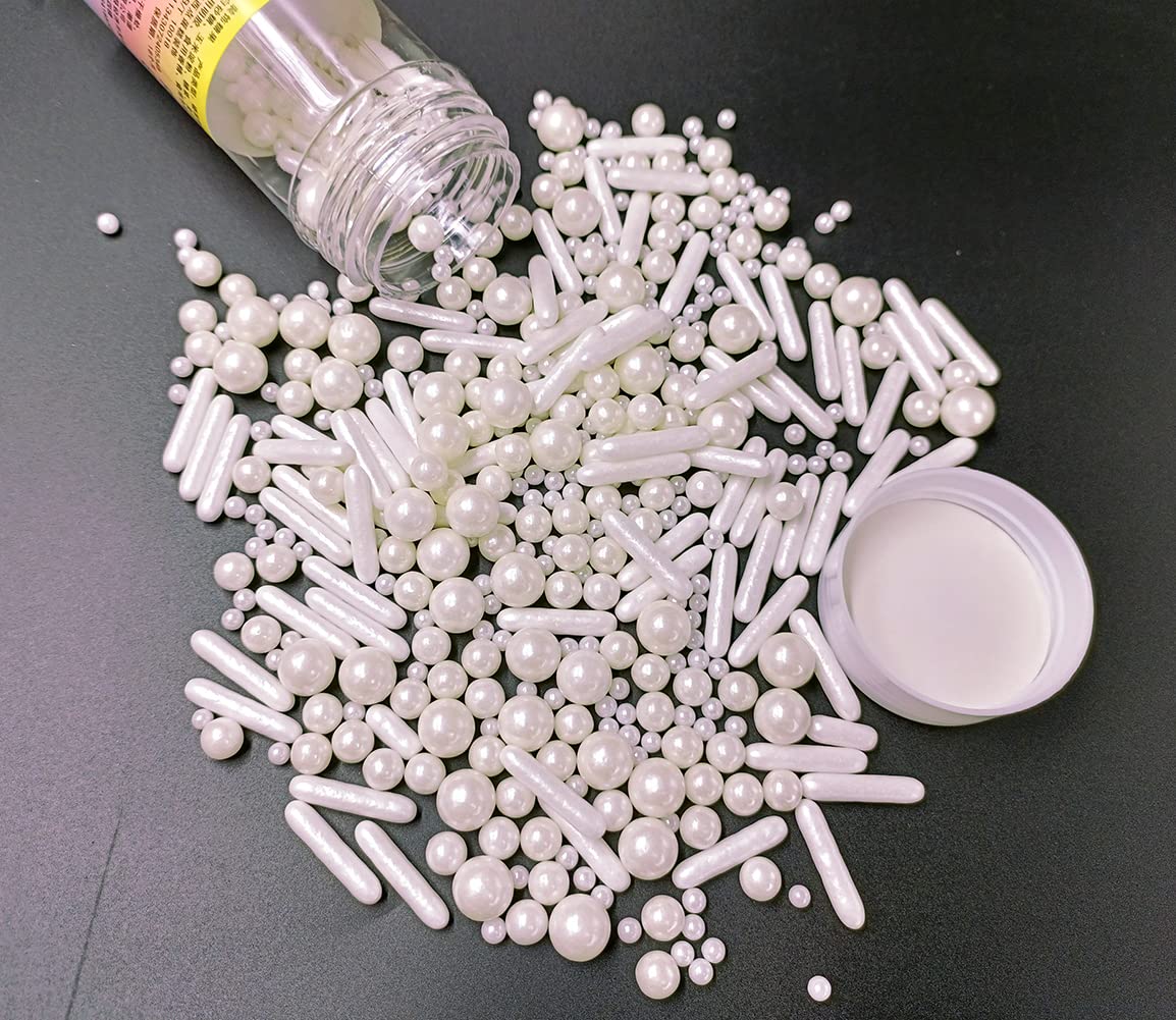 Sprinkles Pearl Sugar Candy 120g/ 4.2oz Mix Size Baking Edible Cake Decorations Cupcake Toppers Cookie Decorating Ice Cream Celebrations Shaker Jar Wedding Shower Party Christmas (White)
