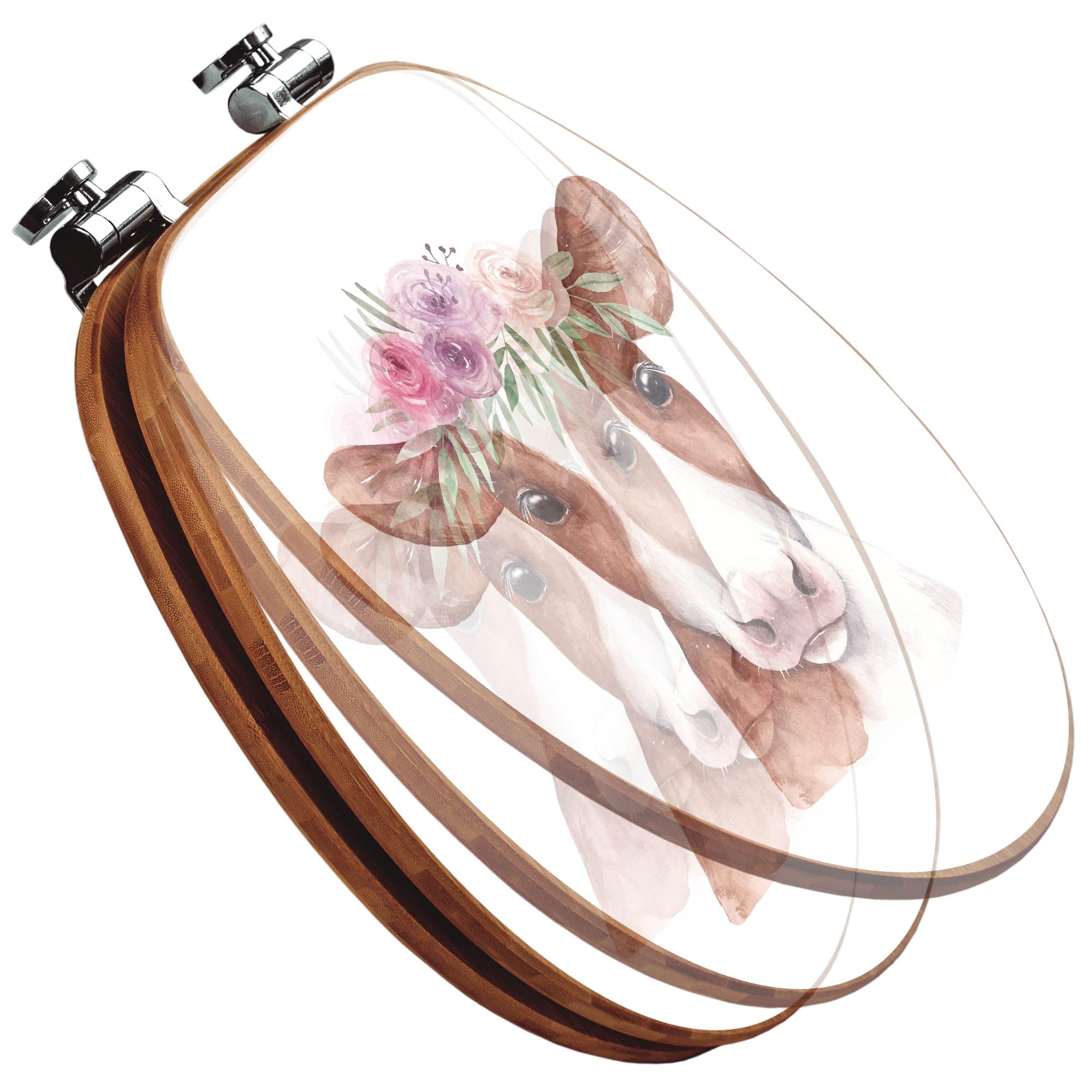 banjado Design WC Sitz Bambus Absenkautomatik 45,8x37,5cm - Toilettendeckel mit Absenkautomatik Holz - hochwertiger Bambus Klodeckel - WC-Sitz für gängigen Toiletten - Motiv Kuh mit Blumenkrone
