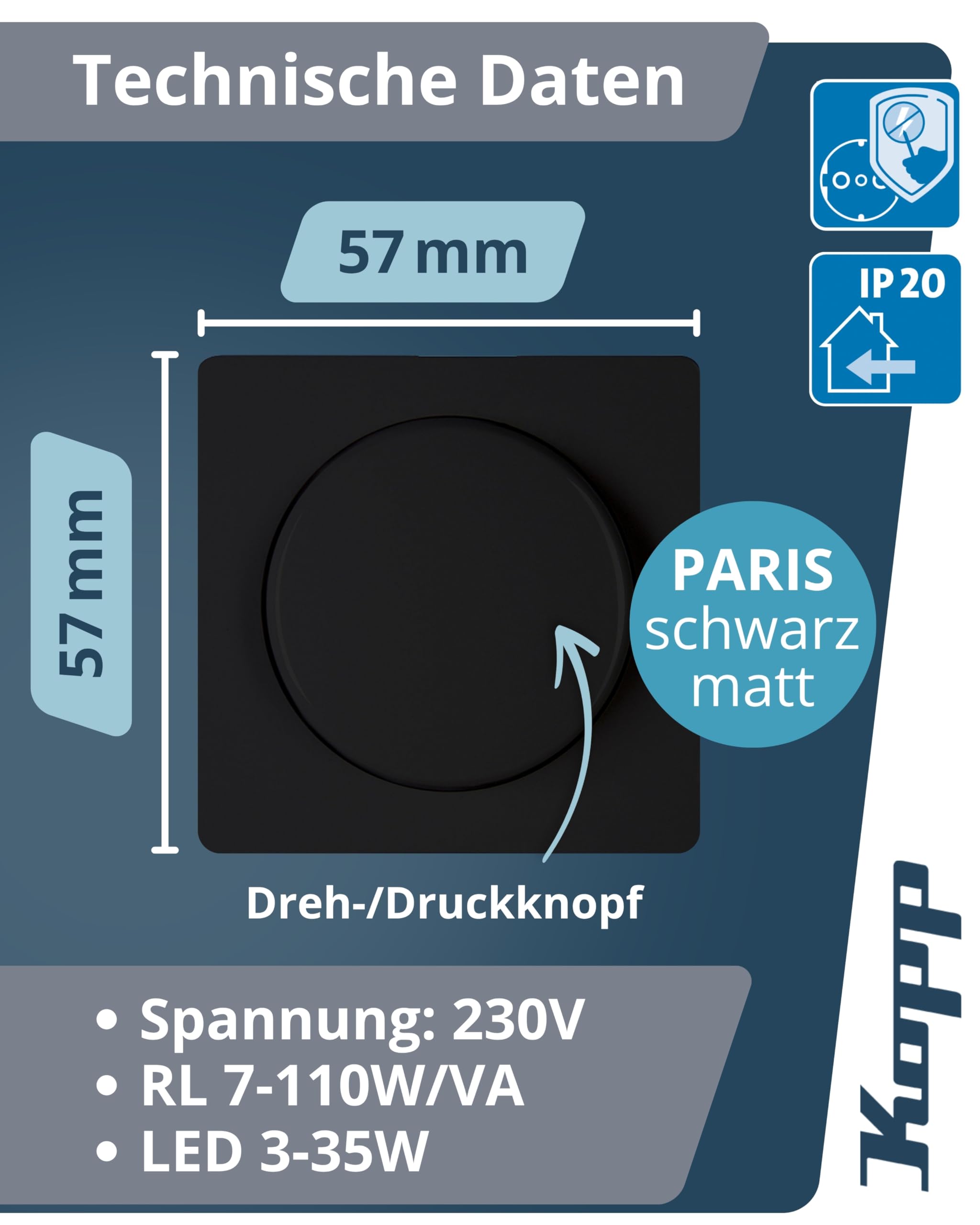 Kopp PARIS Druck-Wechselschalter-Dimmer mit Drehknopf - Matt-Schwarz - Für 7-110W Glühlampen & 3-35W LED - Dimmbarer Lichtschalter für Trafos - Phasenanschnittsdimmer mit Softrastung