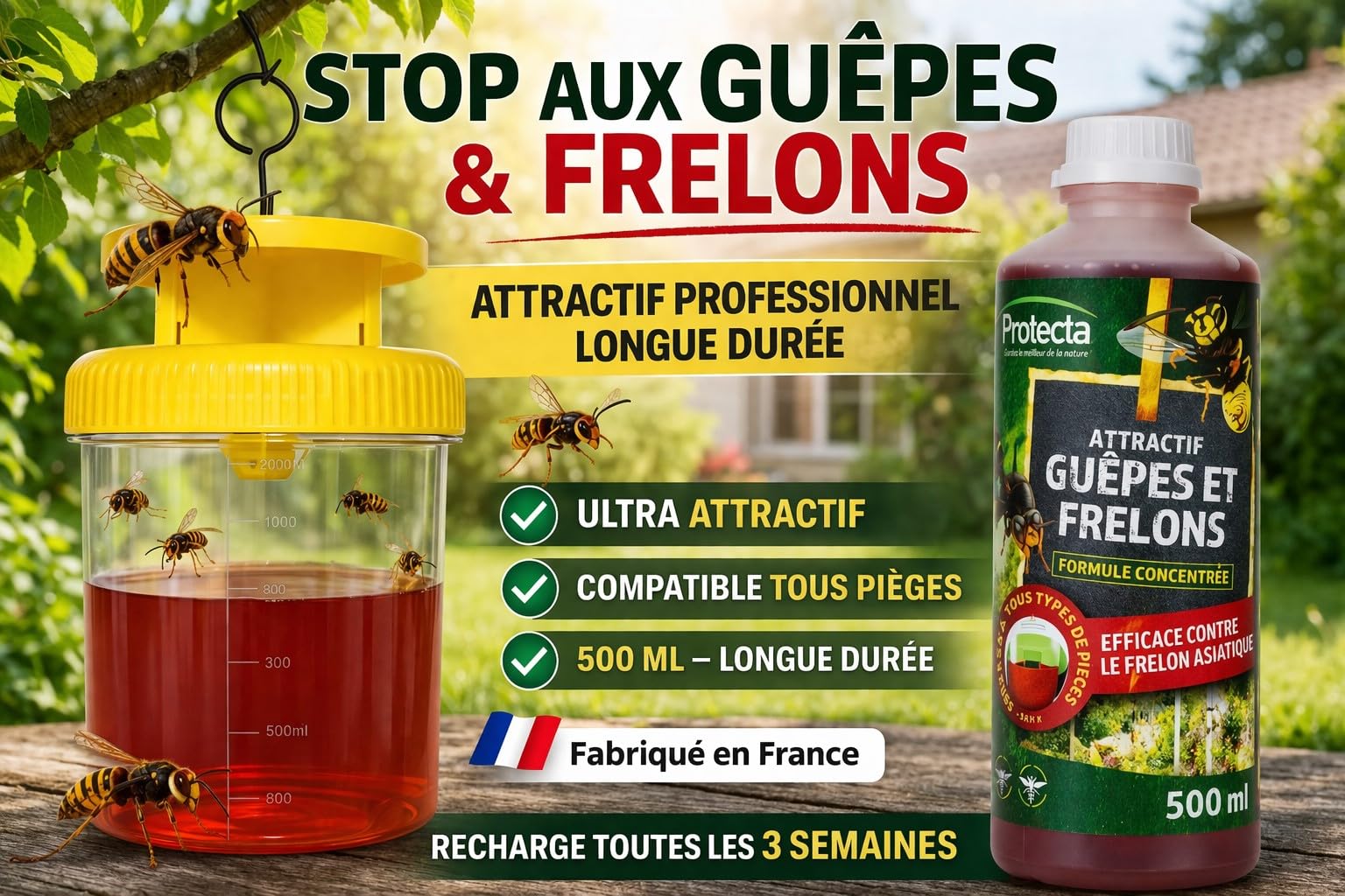 PROTECTA Attractive Vespe, Calabroni e Mosche - Liquido per trappola vespe/protezione naturale ed efficace - concentrato da diluire, può essere utilizzato in tutti i tipi di trappole - 2 x 500 ml