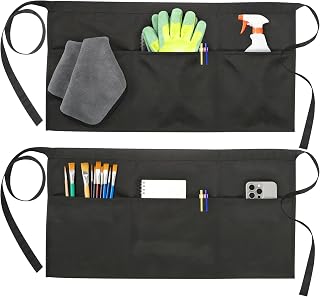2-Pack Server Waist Apron with 3 Pockets – Black Half Aprons for Waitress, Waiter, Bartenders – Adjustable 73-Inch Long Ties, Water-Resistant & Lightweight, No Neck Strain Design