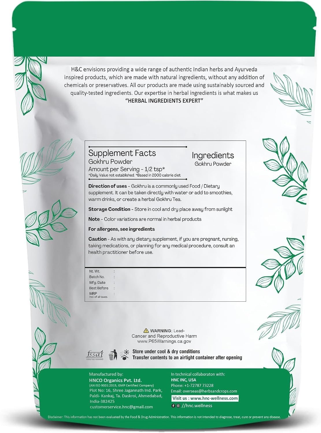 H&C Natural Grown Tribulus Terrestris Powder/Gokharu Powder/Gokshura Powder - 227 GMS / 1/2 LB Pound / 08 Oz - Promotes Overall Health - GMO and Gluten Free — Amazon image 2