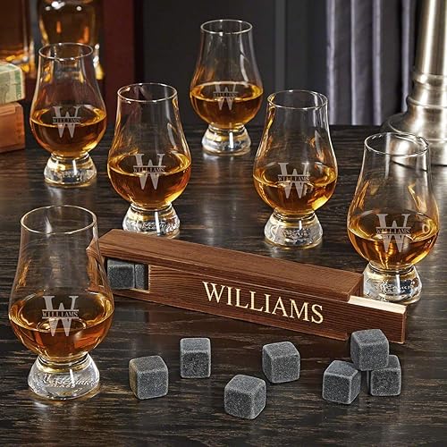 Juego de piedras de whisky grabadas con 6 vasos de degustación de whisky Glencairn (regalo personalizado)