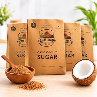 Farm Made Foods Coconut Sugar 1kg (250gx4) - Pure & Natural Coconut Palm Sugar, Unrefined & Unprocessed Natural Sweetener, Subtle Caramel Flavour, Sugar Alternative for Tea, Coffee, Baking & Cooking