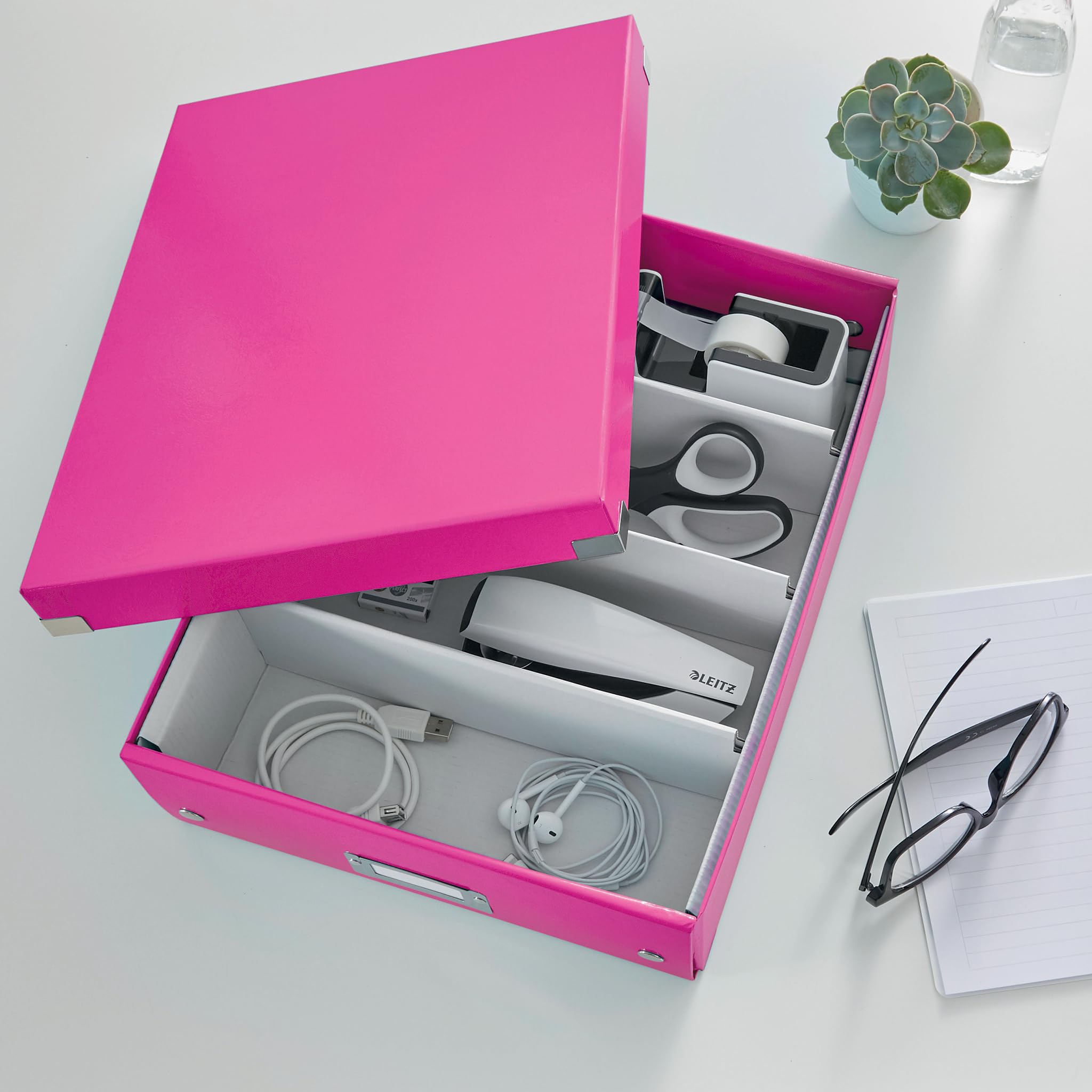 Leitz, Boîte à Compartiments Click et Store A4, Format Medium, Rangement Flexible 2-4 Compartiments, Superposable, Finition PP, Maison Bureau, Rose WOW, 60580001