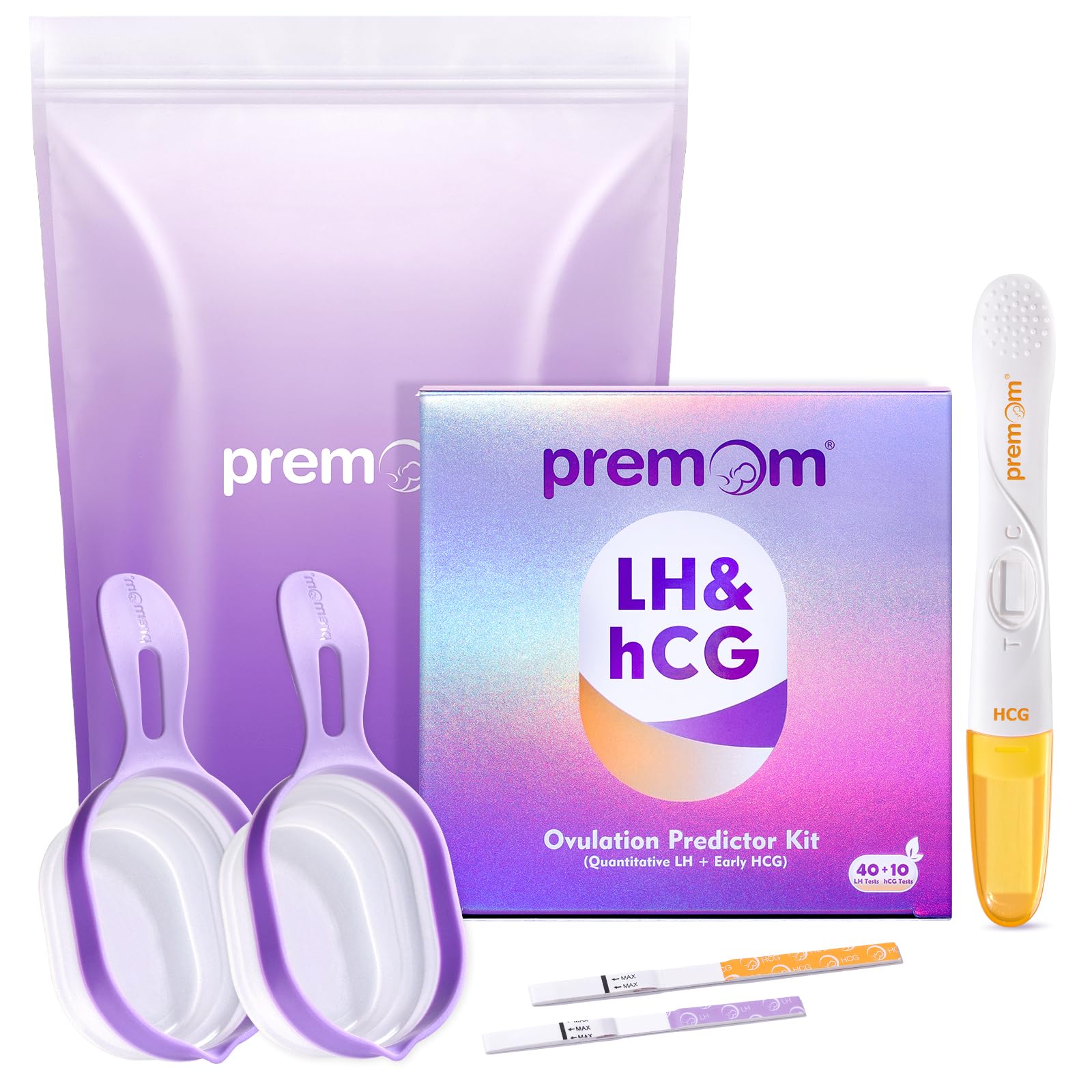 Premom Quantitative Ovulation & Pregnancy Test Kit: 40 LH Strips + 10 HCG Strips + 2 Reusable Urine Cups | at-Home Fertility Test for Women | Smart Digital Ovulation Reader App