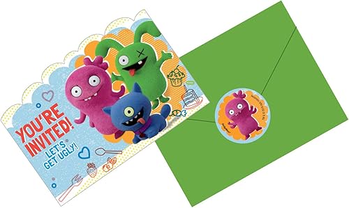 amscan 490167 Ugly Dolls - Invitaciones y sobres de postales de película con calcomanías temáticas, 8 unidades