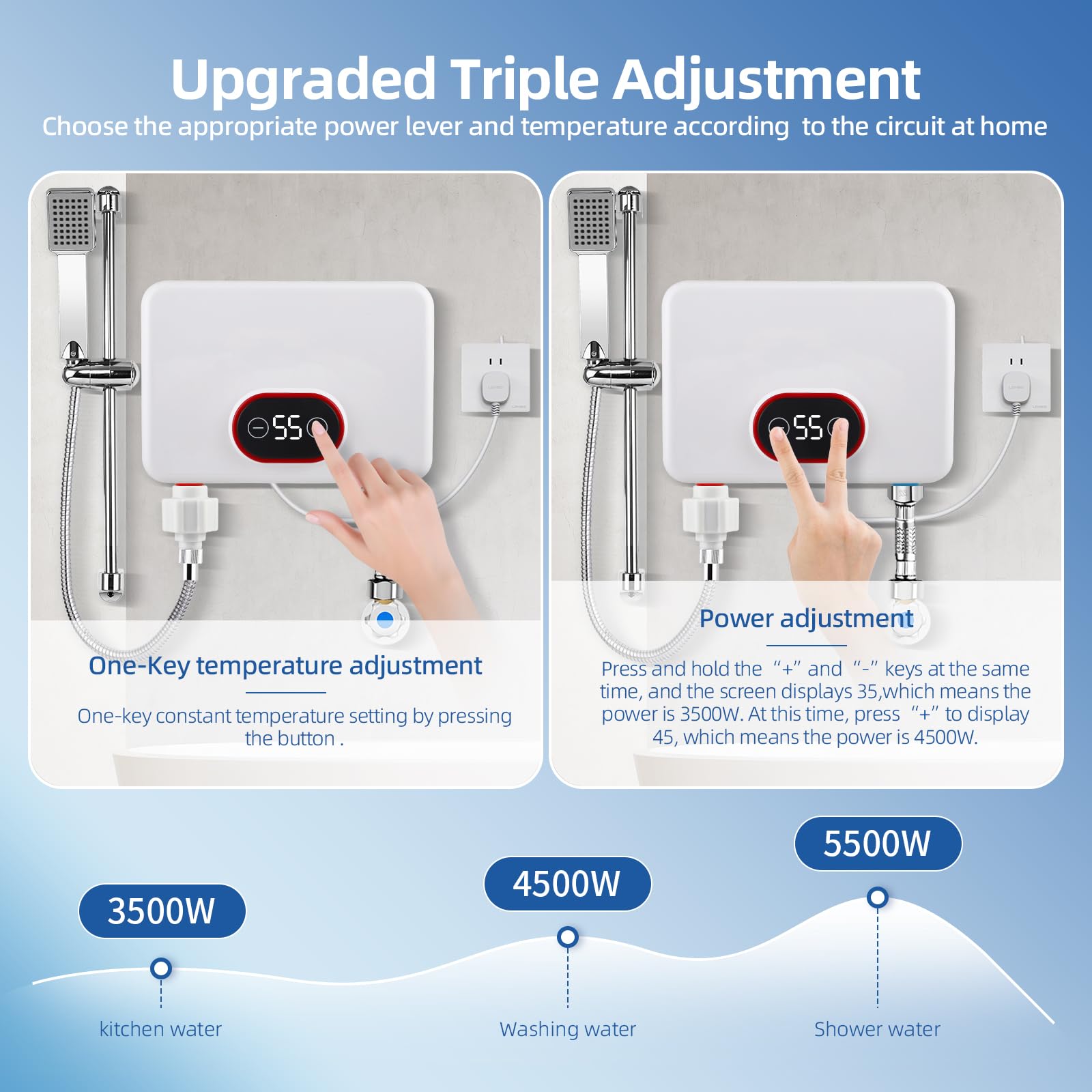 Scaldabagno Elettrico 5,5kW, 220V Scaldacqua Istantaneo con Display Digitale & Modalità di Potenza a 3 Livelli, IPX4 30-52℃ per Doccia, Cucina & Giardino [Classe Energetica A] - Con Pioggia