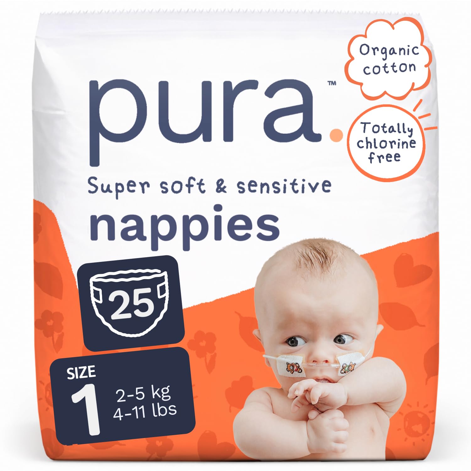 Pura Newborn Baby Nappies Size 1, 25 Count, 2-5kg/4-11lbs, Cloud Soft Premium Nappies for Hypoallergenic & Sensitive Skin, Toxin-Free*,Wetness Indicator, Up to 12 Hours Leak Protection