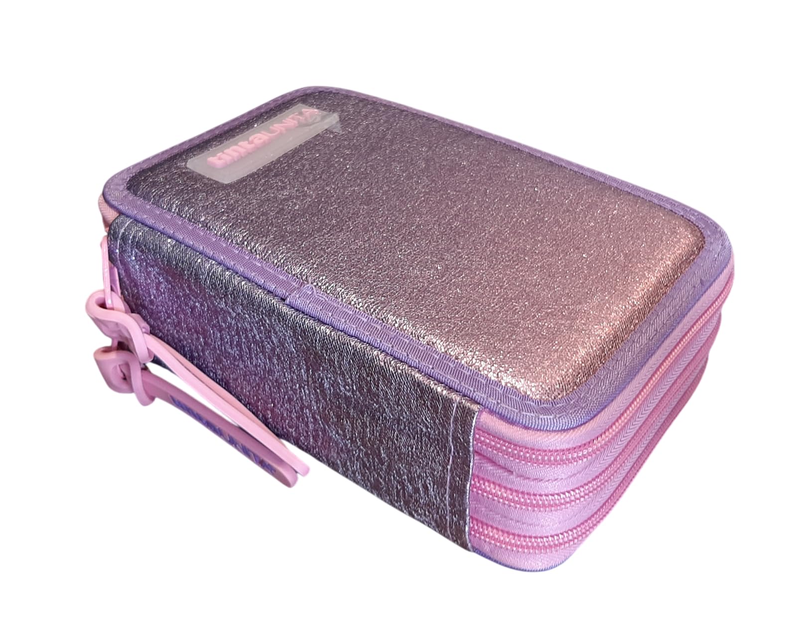 Estuche de color liso con 3 cremalleras Elegant Glamour Gradient rosa violeta completo de papelería + estuche ovalado con cremallera para escuela niña + llavero y bolígrafo de color
