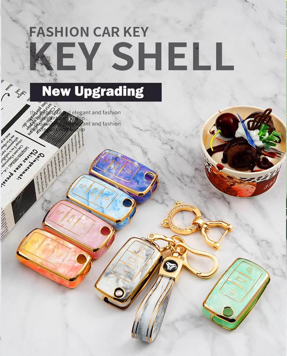 HIBEYO Key Cover Keyless Entry Remote Fob Shell for VW Beetle Passat Tiguan Touran Jetta MK1-MK6 Golf GTI Golf Flip 3 Buttons Car Key Premium Soft TPU with Keychians-Pink