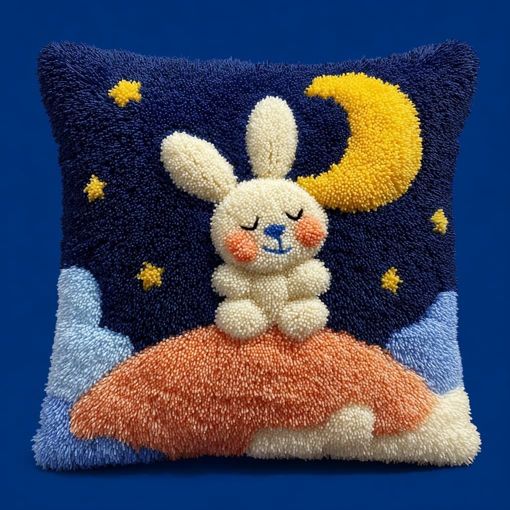 Henypt 43x43cm Latch Hook Pillow Kit,Rabbit on the Moon Pre-Printed Canvas Cushion Cover Craft,Easy Latch Hook Embroidery Kit for All Skill Levels