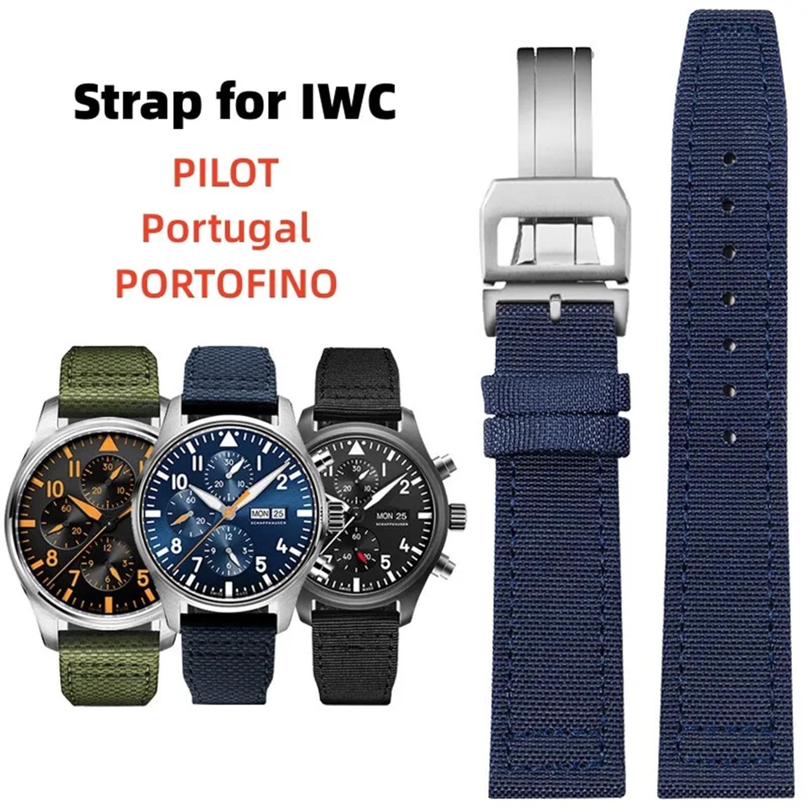 XMKT 20mm 21mm 22mm Nylon Canvas Cinturino per IWC PILOT Portogallo PORTOFINO Cinturino in Tessuto Fibbia Pieghevole Cintura in Pelle di Vacchetta