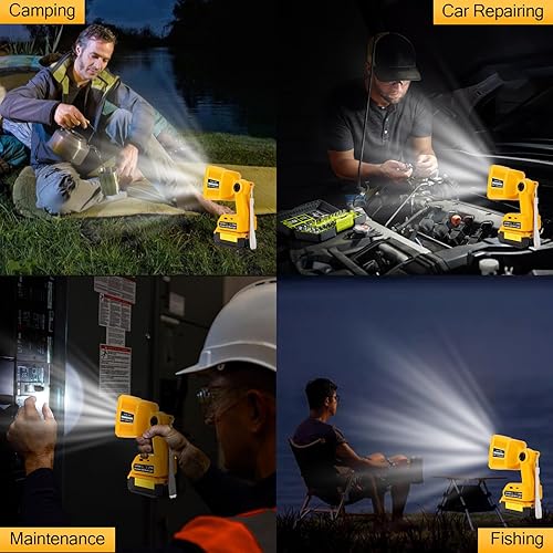 Miniatura 7 de Linterna de luz de trabajo LED compatible con batería DeWalt de 20 V, 18 W 2000 lúmenes, luz portátil con puerto USB de 5 V 2.1 A para campamento,