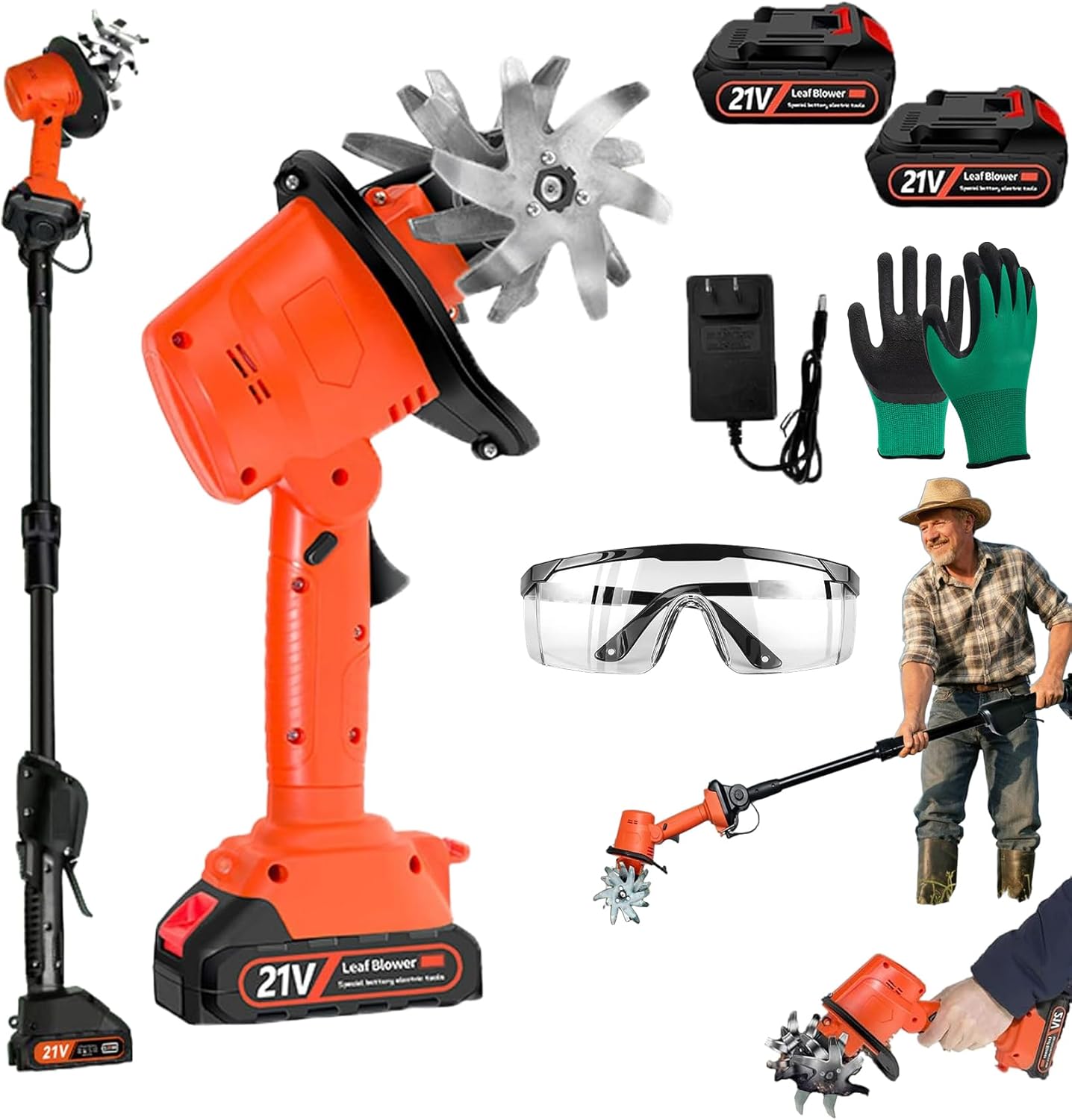 21V Cordless Mini Tiller Cultivator, 235RPM Hand Held Tiller for Gardening, Electric Garden Tiller with 2 * 1.5Ah Batteries & Charger, 5In Tilling Width and 5In Depth Garden Rototiller (with Pole)