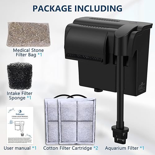 Miniatura 6 de fishkeeper Filtro de acuario ultra silencioso de 6 W 180 GPH para colgar en la parte posterior, filtro bioquímico de 4 etapas para tanque de peces