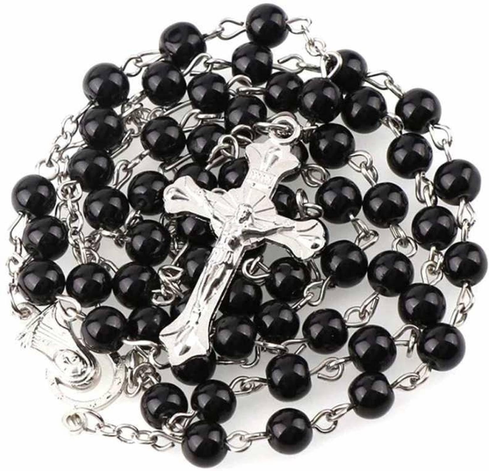 Jesus Rosary with Beaded Mala for Boys, Girls, Men and Women. A unisex product suitable for all age groups. Rosary locket long beaded stainless steel chain with jesus pendent for Christmas gifts color black and blue Silver Stainless Steel Locket-image-31
