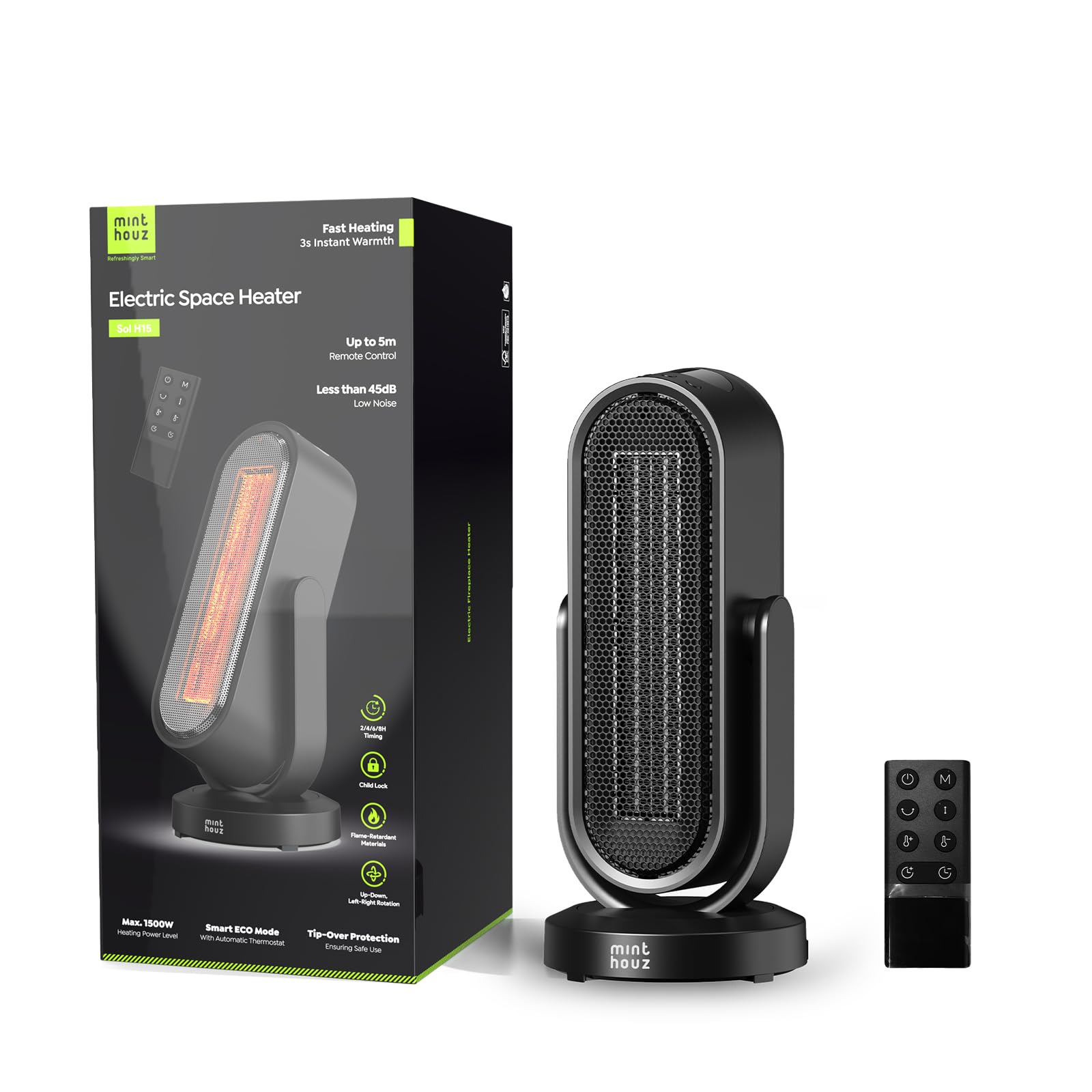 Minthouz Calefactor Cerámico PTC 1500W Bajo Consumo, Oscilación 4 Direcciones, Control Remoto, Termostato ECO, Temporizador 8H, Protección Antivuelco, Silencioso