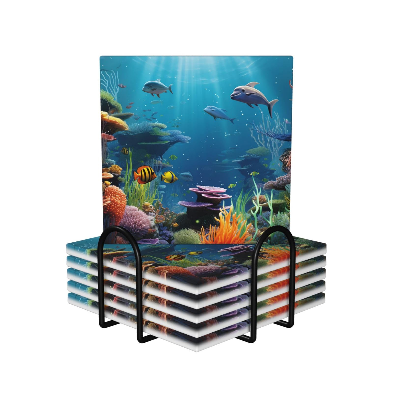 Dessous de verre protection de table en céramique carrés 10,4 cm monde sous-marin avec support