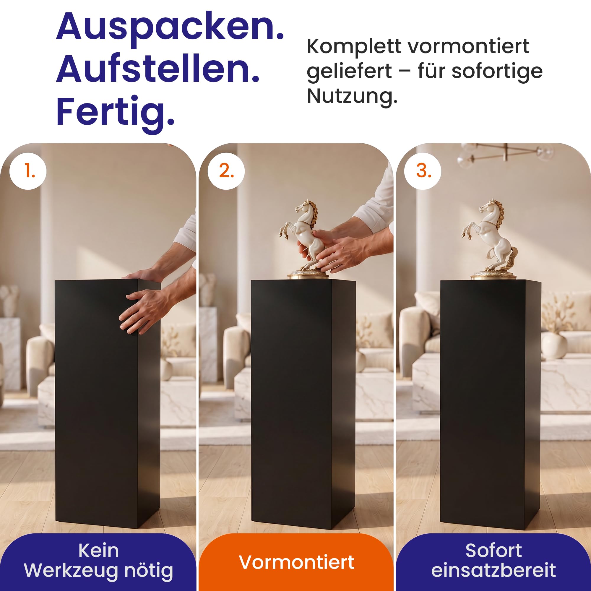 E&H DESIGN Präsentationssäule Schwarz ohne Acrylhaube – Podest & Dekosäule 93,5 cm – Galeriesockel für Skulpturen und Exponate – Schaufenster Vitrine – Ohne Montage