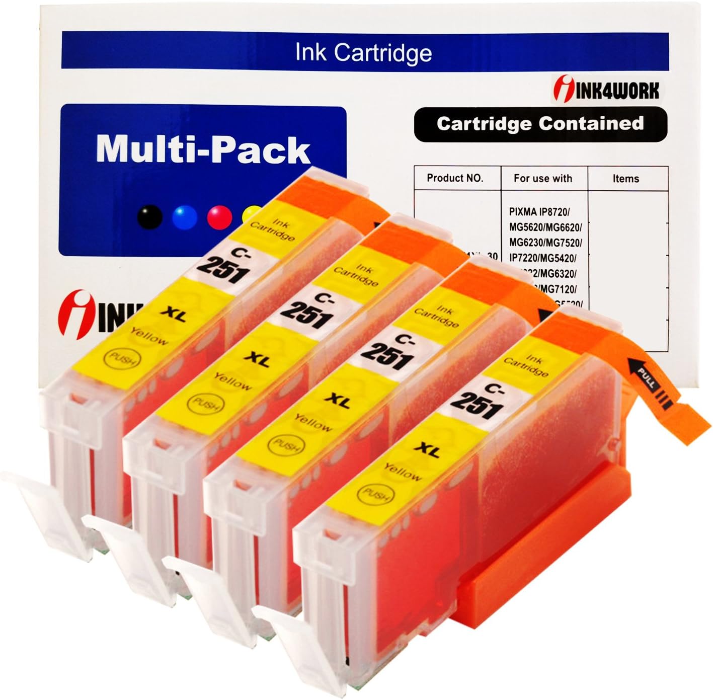 4 Pack Compatible Ink Cartridge Replacement for Canon CLI-251XL CLI-251 XL Yellow to use with PIXMA MX722 MX922 iP7220 iP8720 iX6820 MG5420 MG5422 MG5520 MG5522 MG5620 (Yellow, 4-Pack)