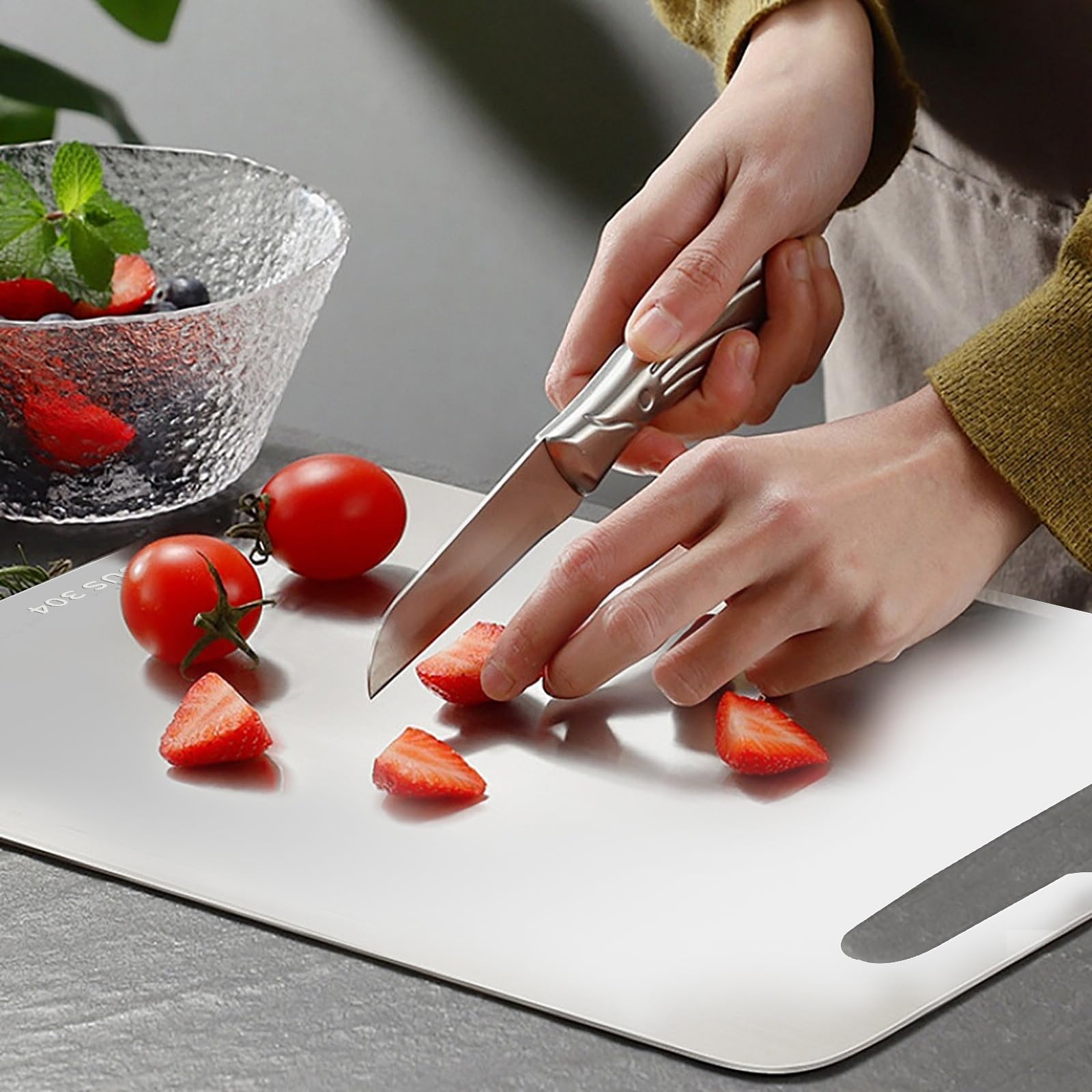 4 tablas de cortar de acero inoxidable 304 de doble cara con 4 paños de limpieza, aptas para lavavajillas, para cocina, carne, frutas y verduras