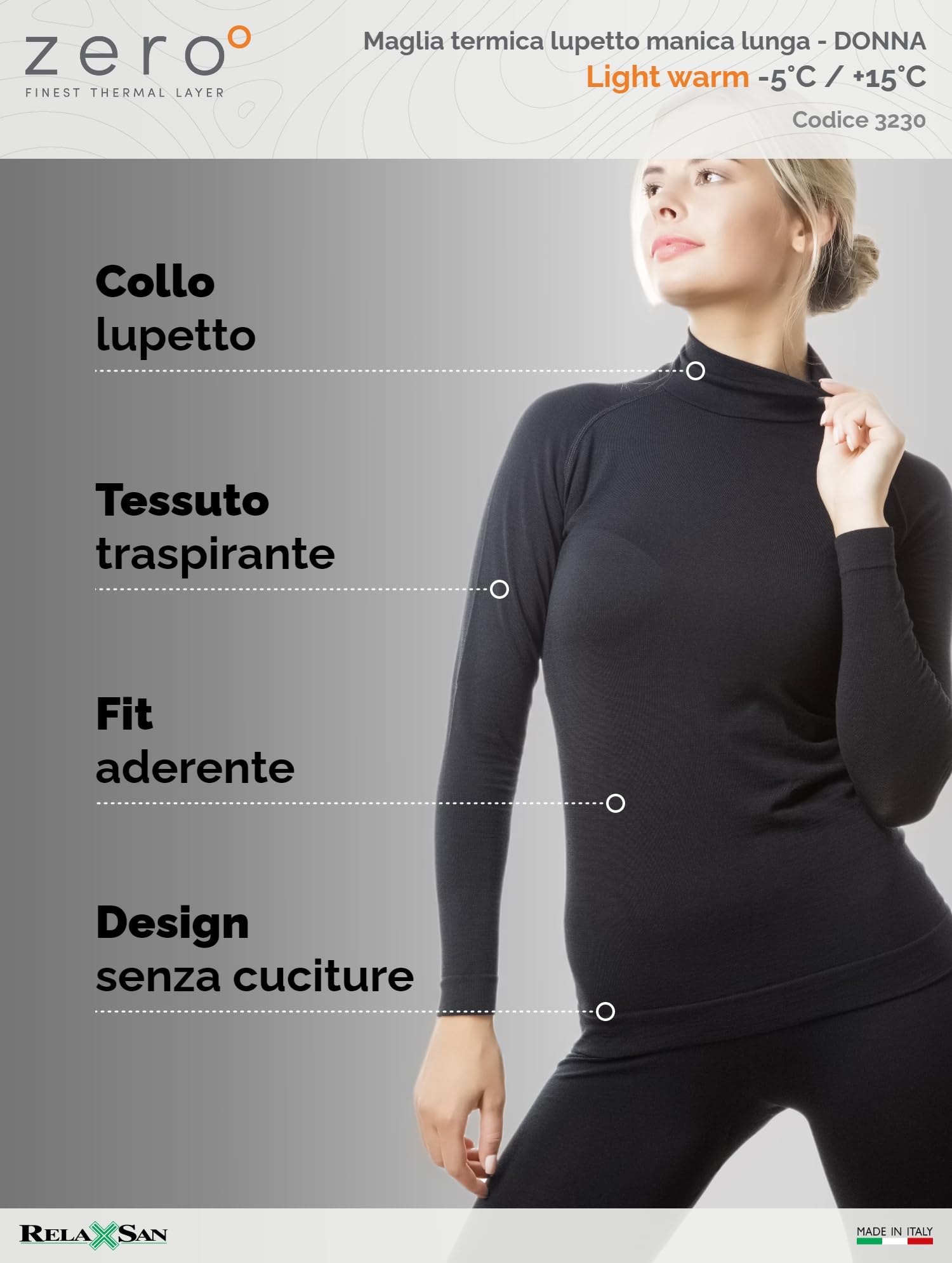 Relaxsan Zero Maglia Termica Donna Collo Alto con Lana Merino, Made in Italy, cod. 3230