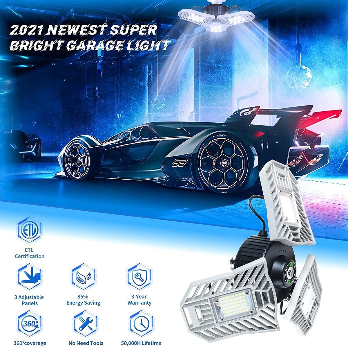 Illuminator 360 Led Garage Lights Garage Light 60W Equivalent 150W Deformable Garage Light Ceiling for Garage Adjustable Panels Garage Lighting Garage Light Bulb for Basement Workshop(Metal No Sensor) - - 