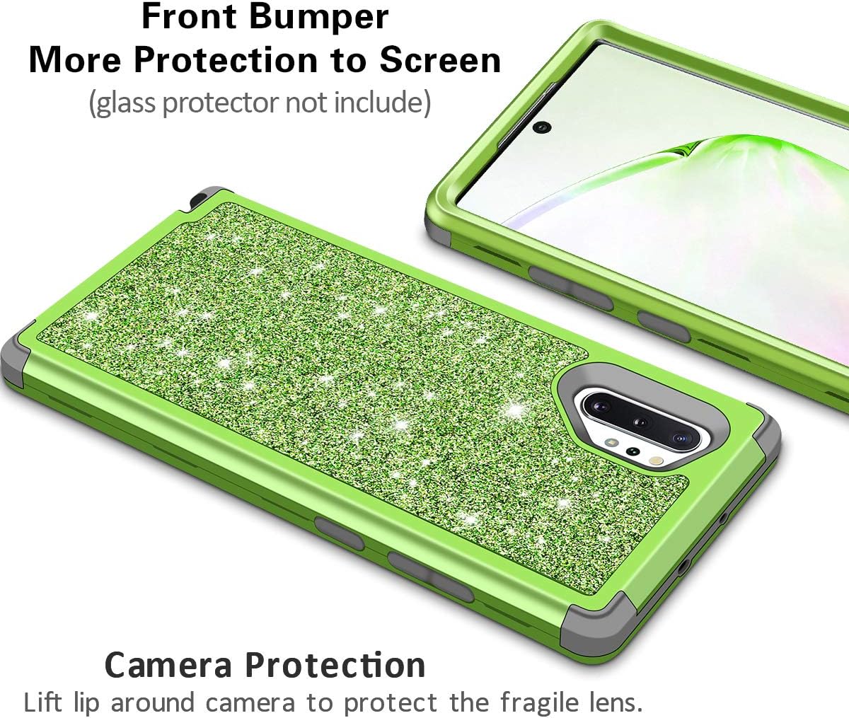 Vofolen Cover for Galaxy Note 10+ 10 Plus Case Glitter Bling Shiny Heavy Duty Protection Full-Body Protective Hard Shell Hybrid Silicone Rubber Armor with Front Bumper for Galaxy Note 10 Plus Green