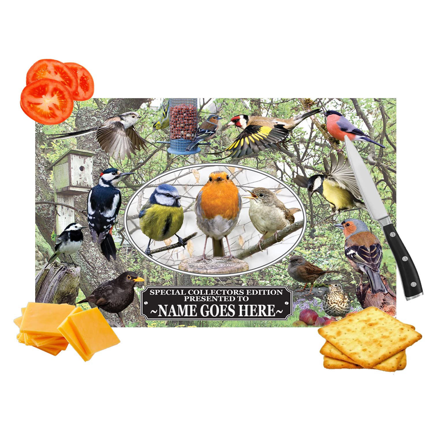 British Garden Birds Personalised Toughened Glass Heat Resistant Worktop Saver Cutting and Chopping Board Gift