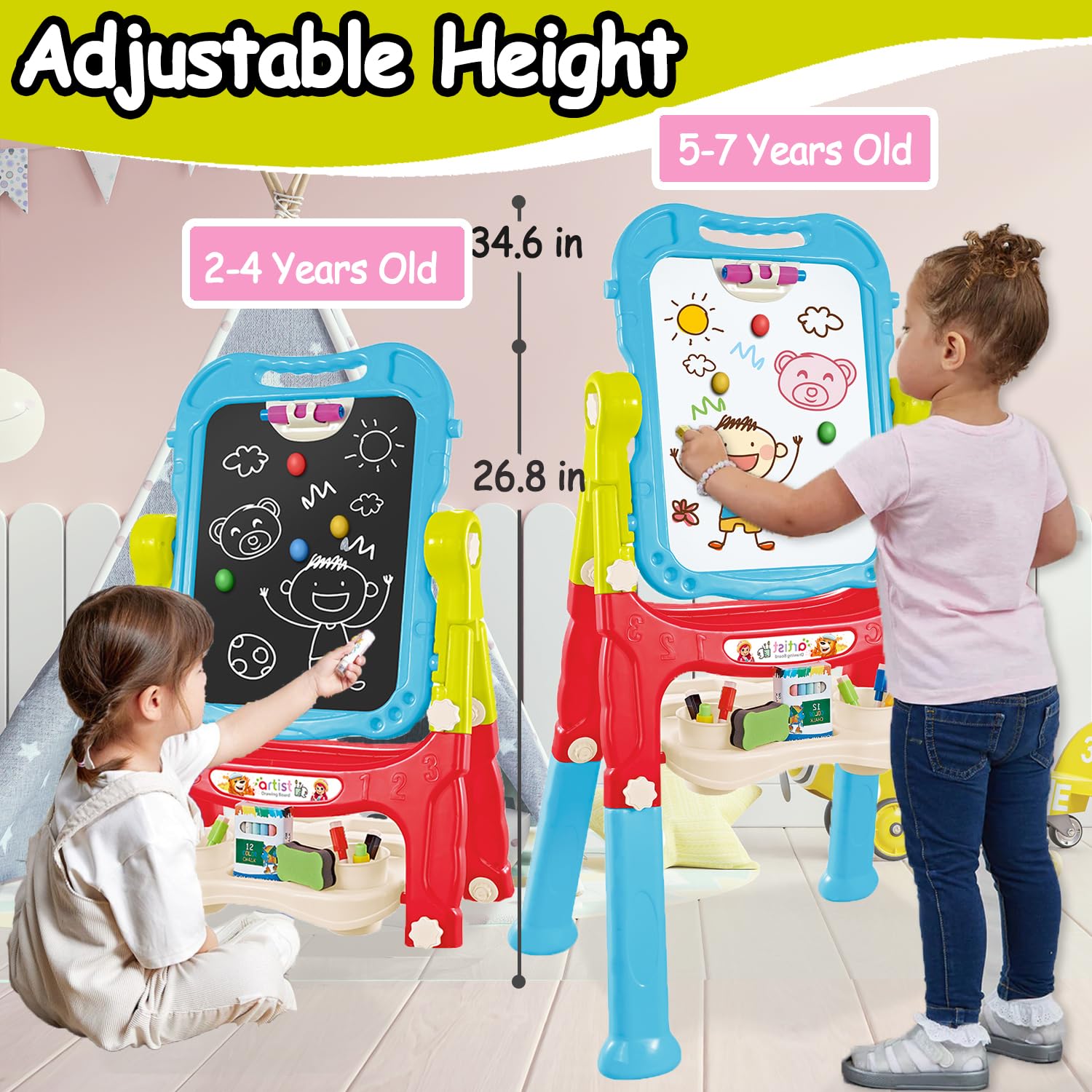 Caballete artístico para niños, pizarra magnética de doble cara y pizarra con accesorios de pintura, caballete giratorio, regalo para niños y niñas