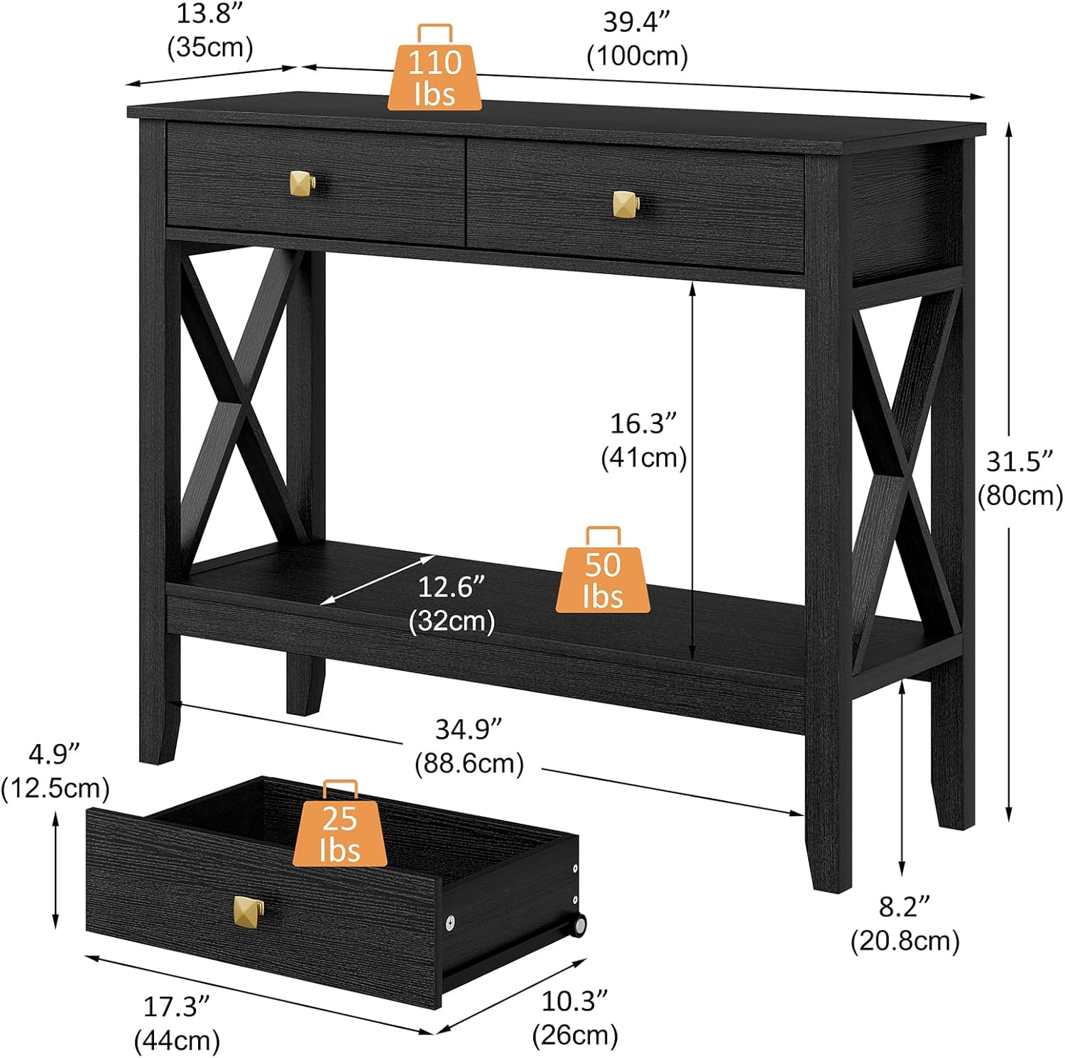 Console Table,Sofa Table 13.8" D x 39.37" W x 31.5" HEntryway Table with 2 Drawers Storage Shelve Foyer Table for Entryway Farmhouse Hallway Tables (Black) - Image 3
