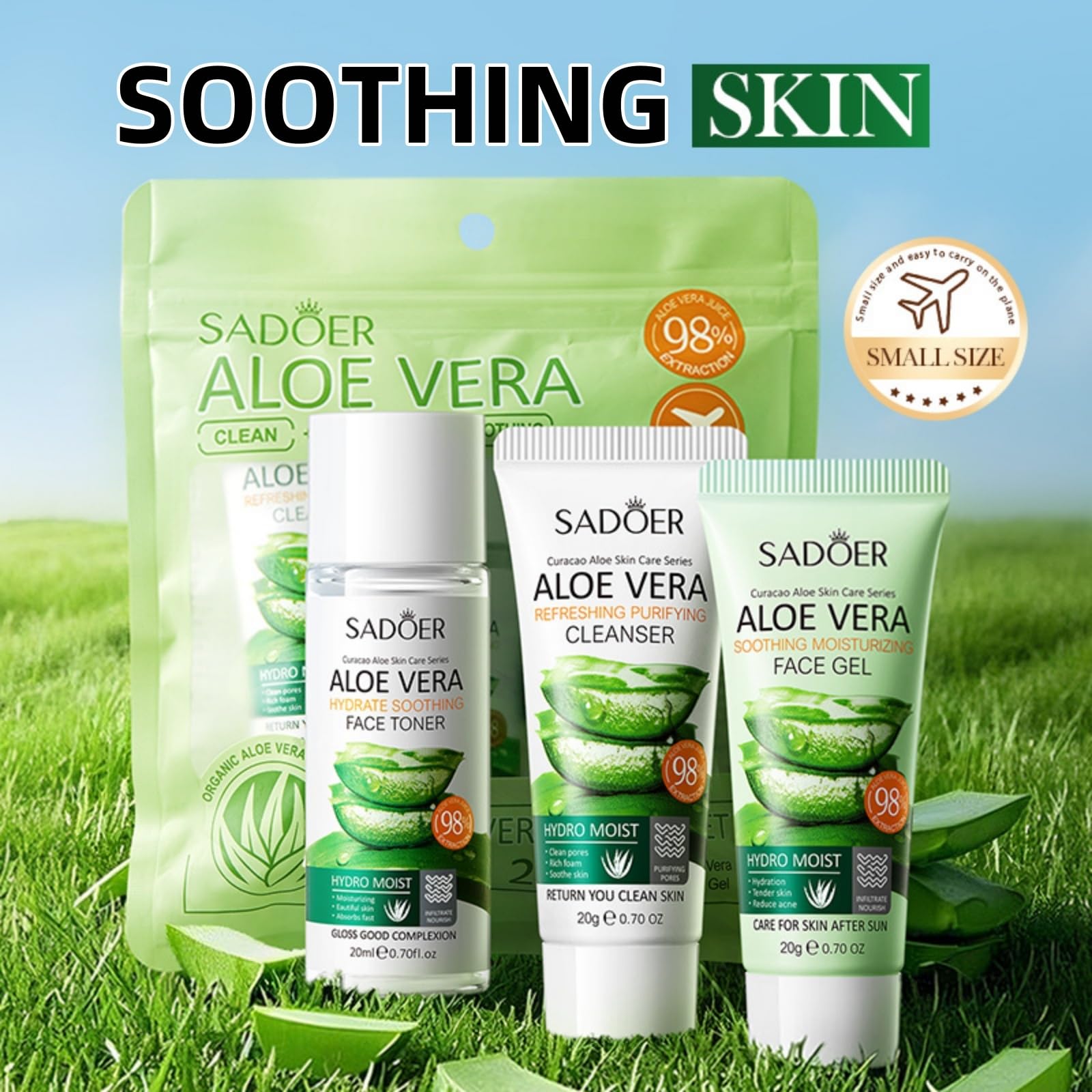 3PCS Aloe Vera Travel Skincare Set for Women & Teenage Girls - Hydrating Soothing Facial Kit with Repairing Gel - Image 3