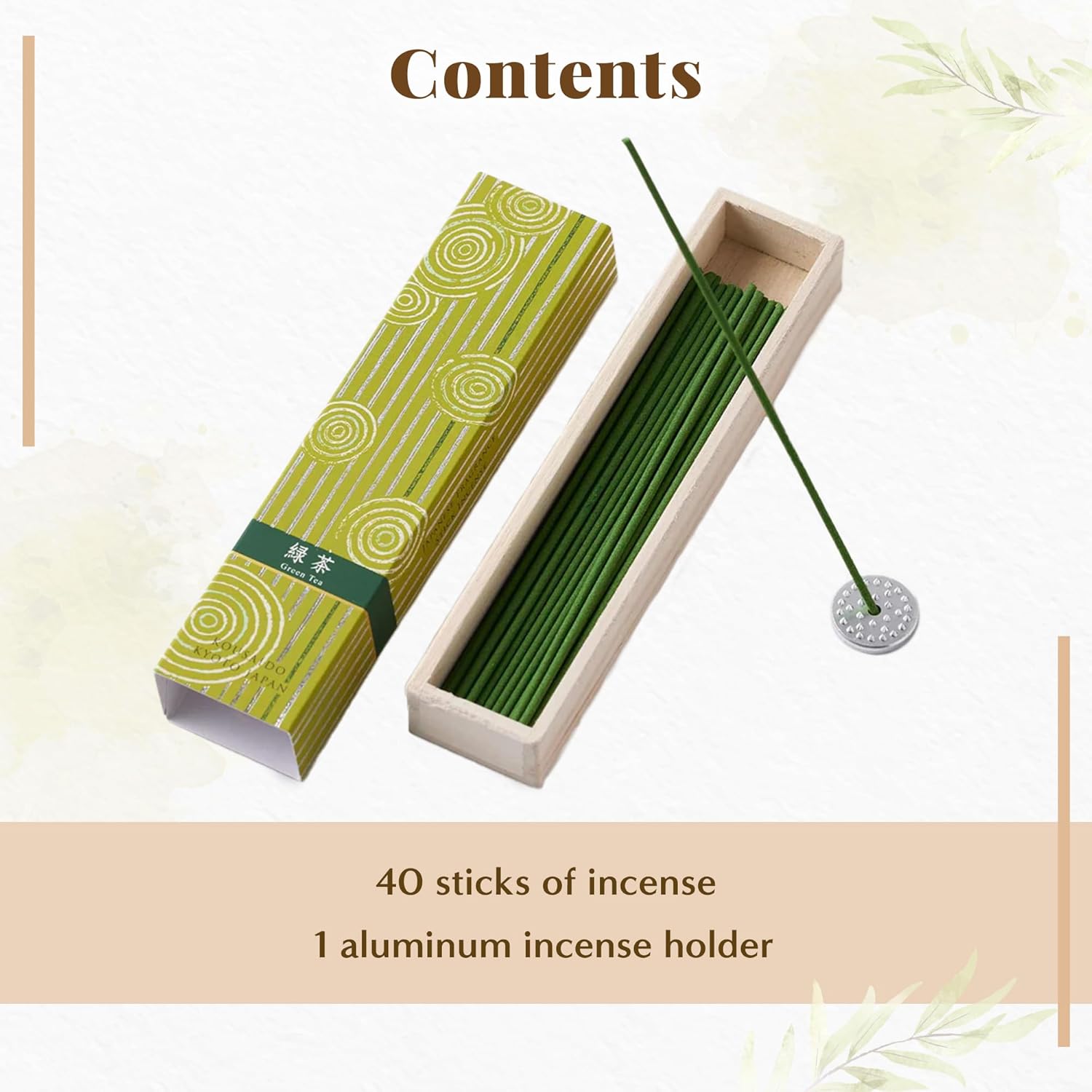 Hasegawa Hyakurakuko Premium Japanese Sandalwood Incense - Long Type, 40 Sticks with Aluminum Holder, 20-30 Min Burn Time, Made in Japan 線香 百楽香 (Green Tea)