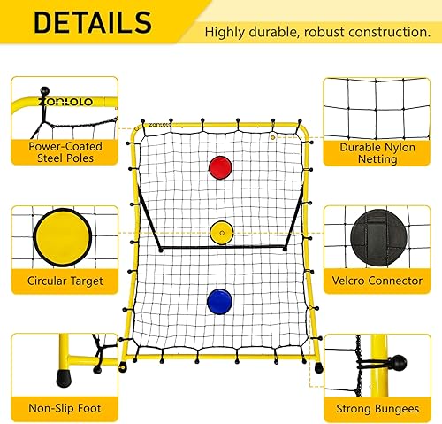 Miniatura 3 de Red de rebote de béisbol y sóftbol con tres zonas de objetivo circular en rojoamarilloazul, entrenador de retorno de lanzamiento portátil, tres