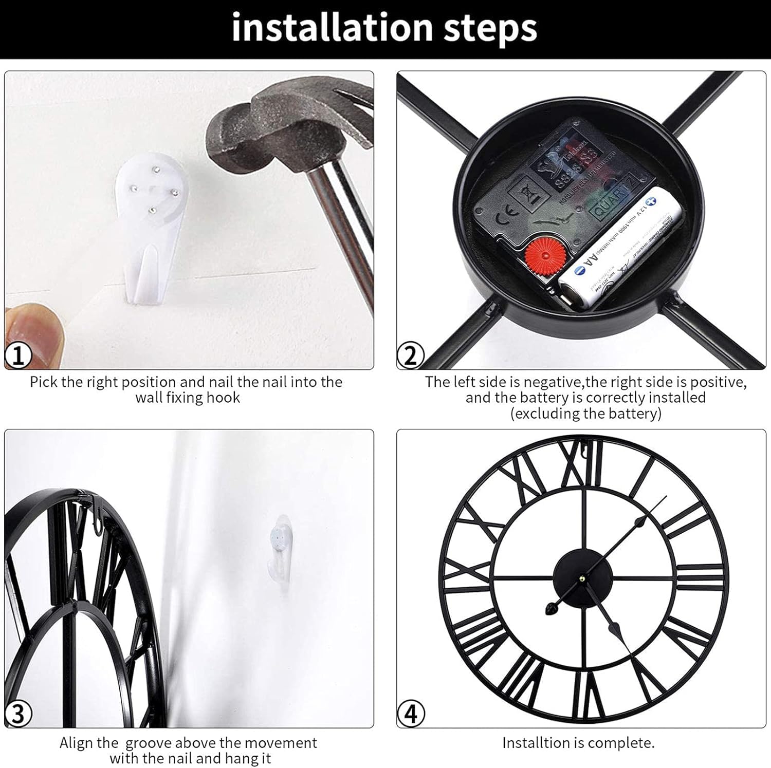 Orologio da Parete con Numeri Romani, Orologio da Parete in Metallo in Stile Industriale retrò, Orologio Silenzioso A Batteria per Soggiorno E Ufficio, Decorazione da Parete per La C, Black, 16 in
