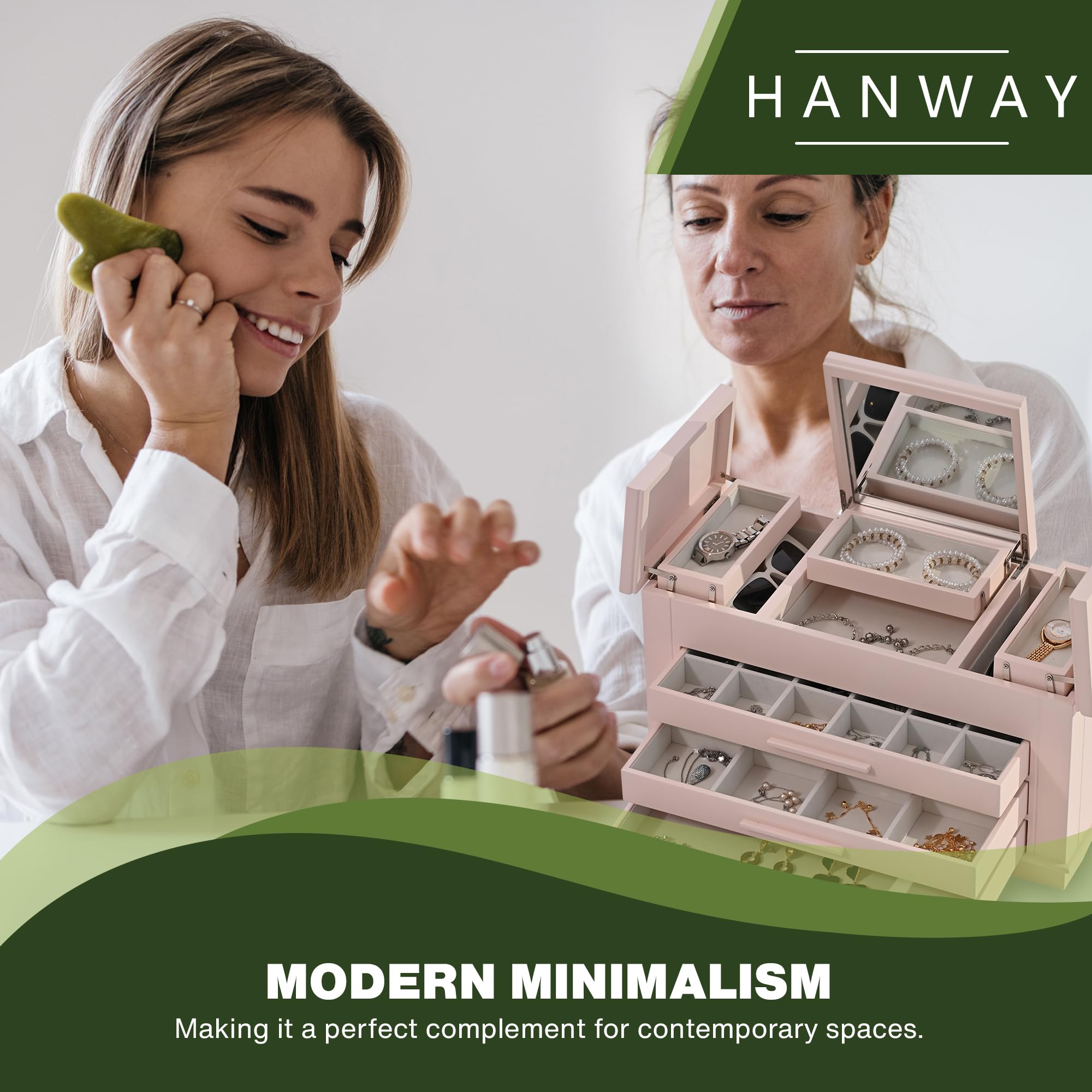 Hanway 4 Layers Wooden Jewelry Box Organizer for Women, with multiple compartments, featuring interior mirror & tray for necklaces, earrings, bracelets, glasses, and rings (Pink)