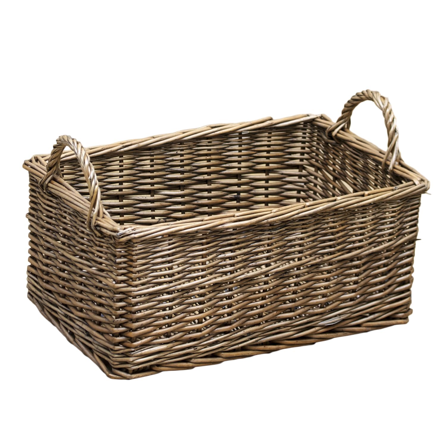 Darthome Brown Shallow Willow Storage Basket With Handles, Antique Wash Wicker, Rustic Home Organiser, 43X24x27cm
