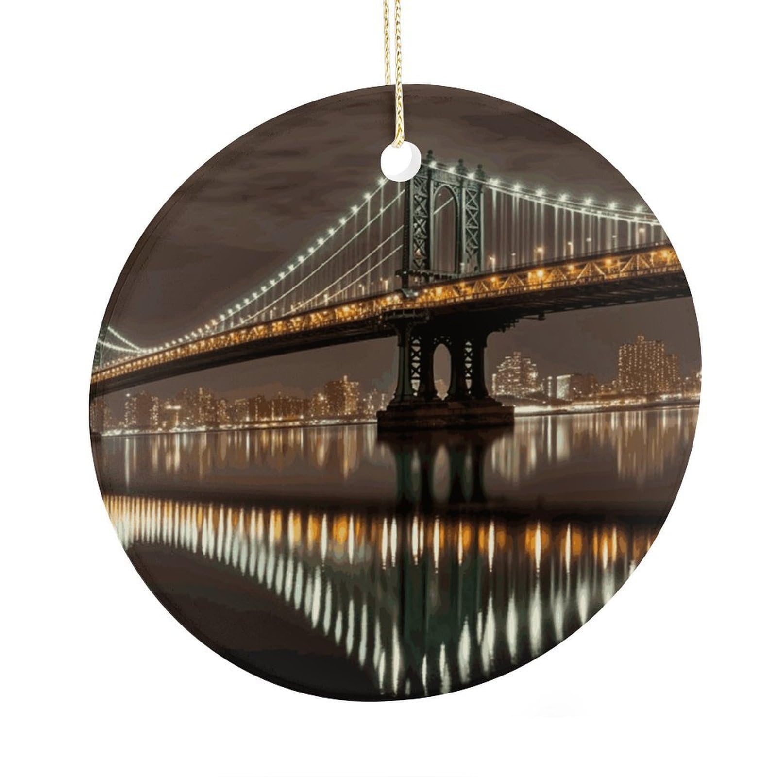 Fekiloot Style New York Manhattan Bridge Night Christmas Ornaments 2.9 Inch Round Ceramic Ornament Keepsake Thank You Gifts For Office, Room, Home - Holiday Present Ideas