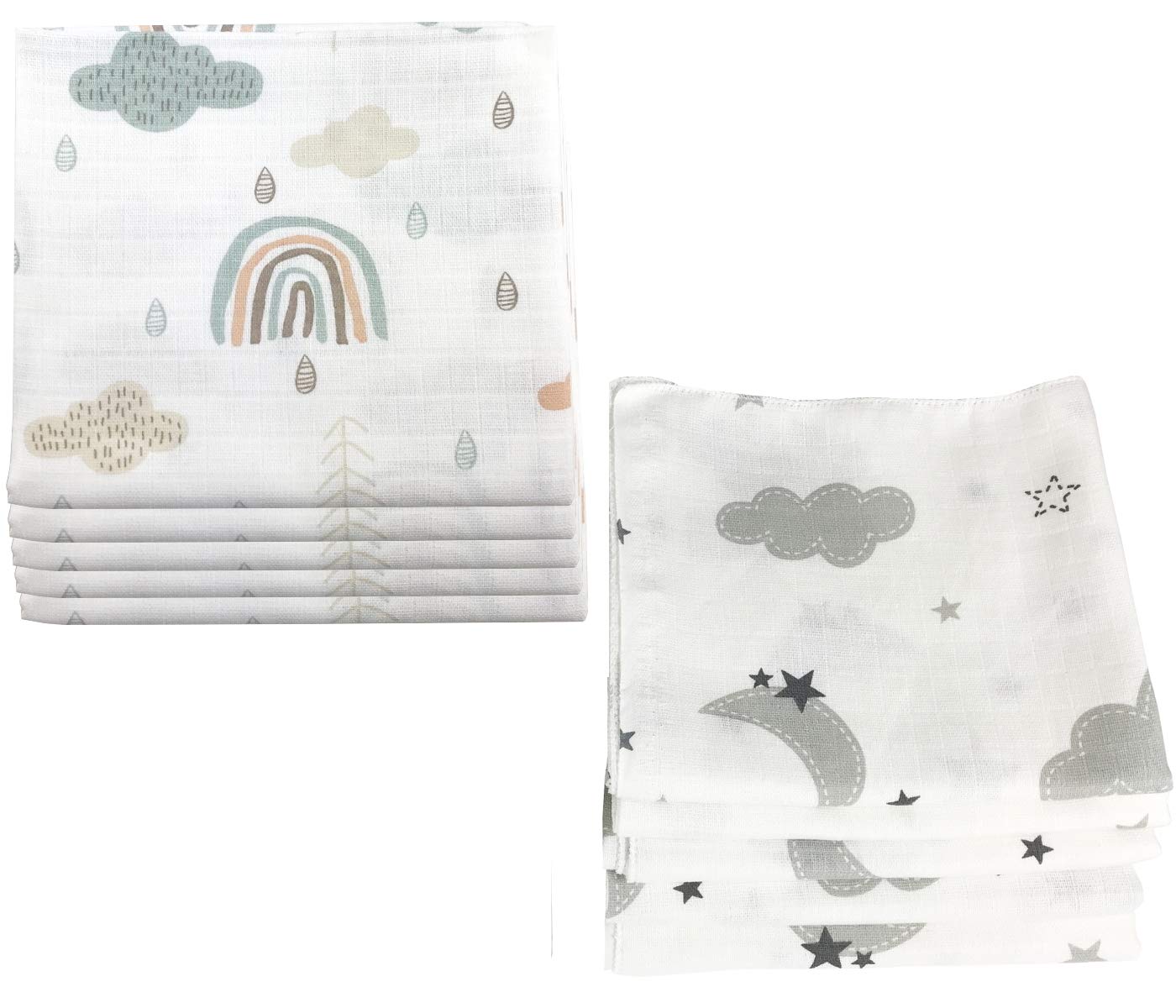 MMC 10x burp cloths muslin diapers baby cotton 80x70 cm, Clouds (5 Grey, 5 Green), 10 pieces (1 pack)