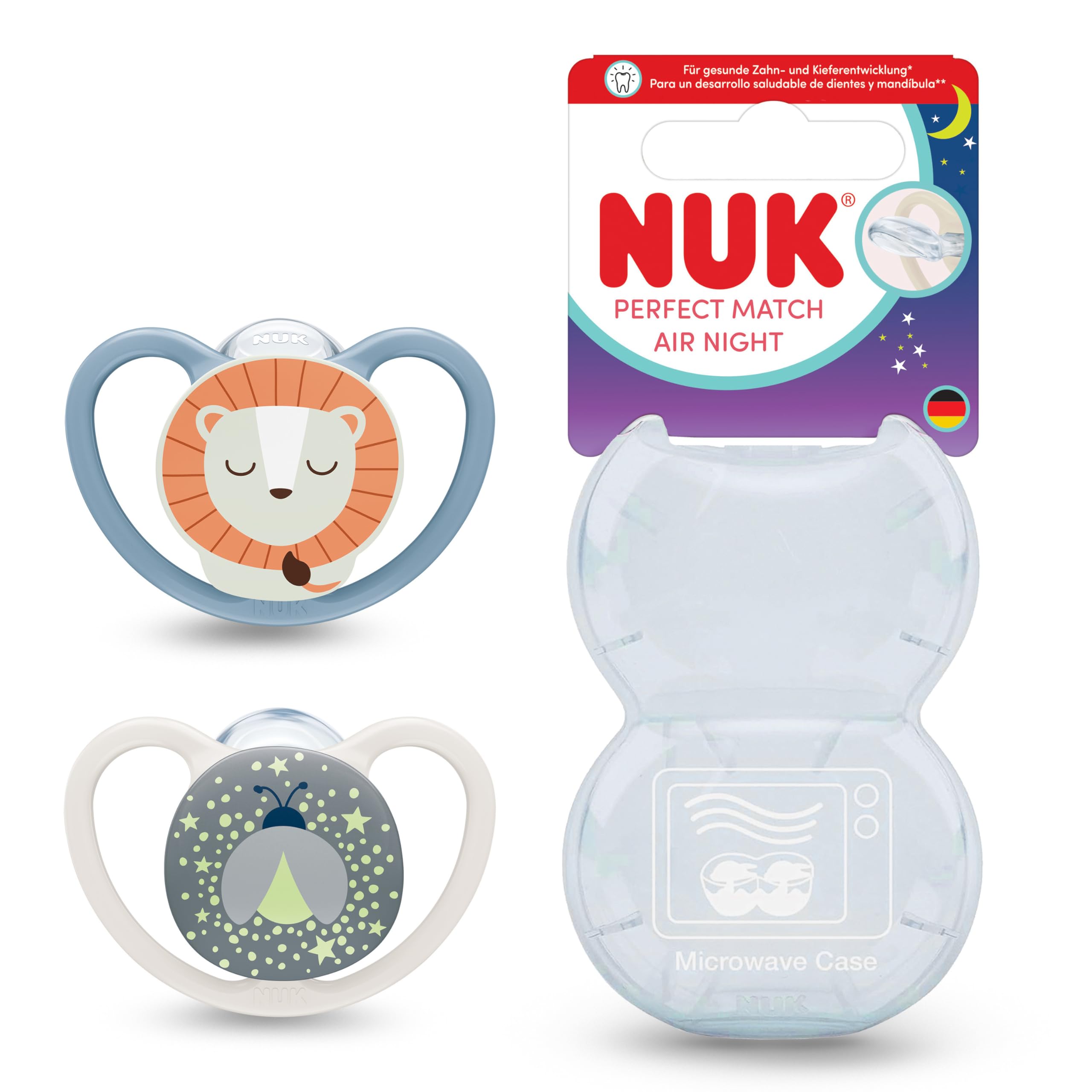 NUK Perfect Match Air Night Baby Dummies | 6-18 Months | Glow in The Dark Soothers That Promote Air Flow & Prevent Drool Rash | 95% Baby Acceptance** | Lion | 2 Count