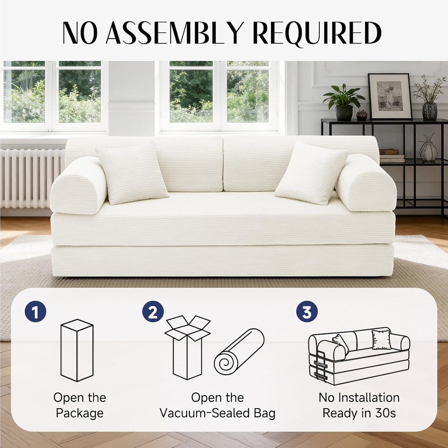 SAVENICA 79'' Convertible Sofa Bed, 6-in-1 Folding Floor Couch Sleeper with Reinforced Frame, Corduroy Modular Futon with Armrests & Pillows, No Assembly, Space-Saving for Apartment (Beige White) | 6-in-1 Folding, Corduroy, Reinforced Frame, No Assembly, Space-Saving, With Pillows