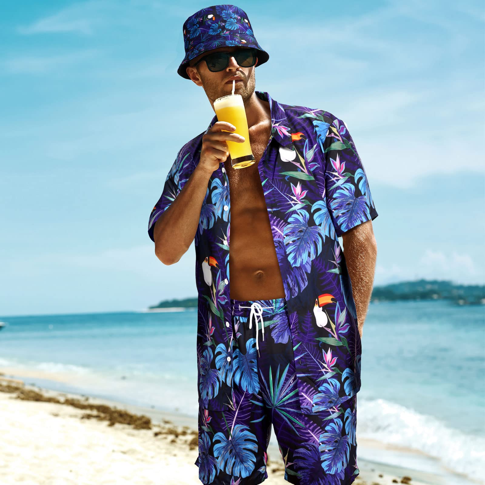 4-teiliges Hawaii-Hemd und kurzes Set für Herren, lässiges Button-Down-Sommer-Strand-Blumen-Outfits mit Hüten und Sonnenbrillen
