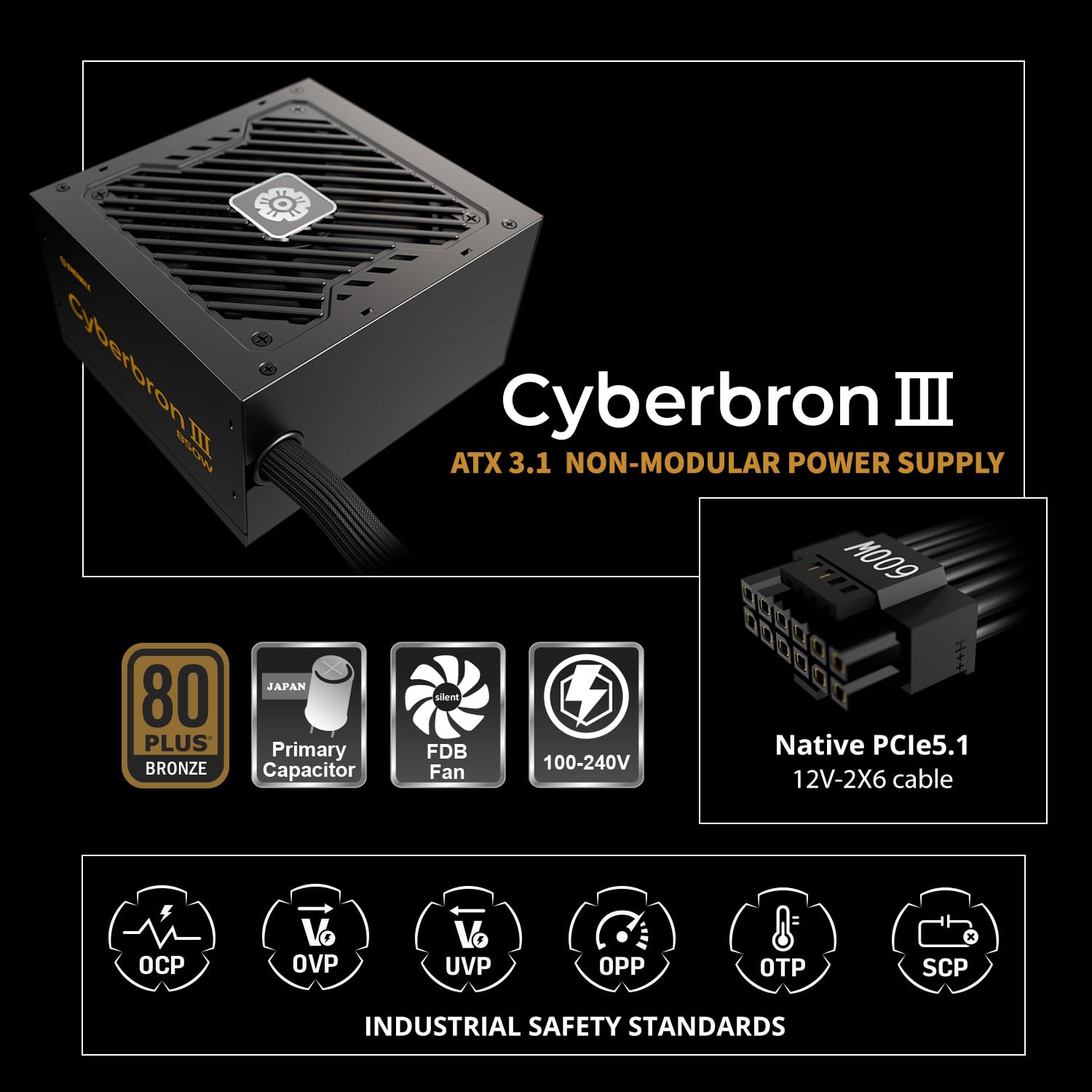 ENERMAX CYBERBRON III 850 Watt|Nicht-modulares ATX 3.1-Netzteil| PCIe 5.1|80 Plus Bronze|geräuscharmer 120mm FDB-Lüfter| DC to DC mit jap. Kondensatoren|EMB850EWT-NAC