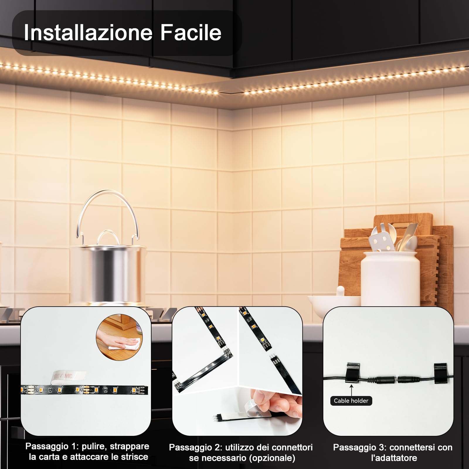 WOBANE Striscia Led Cucina Sottopensile 2 metri, 4X50cm Strisce Led Adesiva per Cucina con Interruttore e Spina, 1200LM Illuminazione Sotto Pensile per Vetrine,Scrivania,TV,Bianco Naturale 4000K,Nero