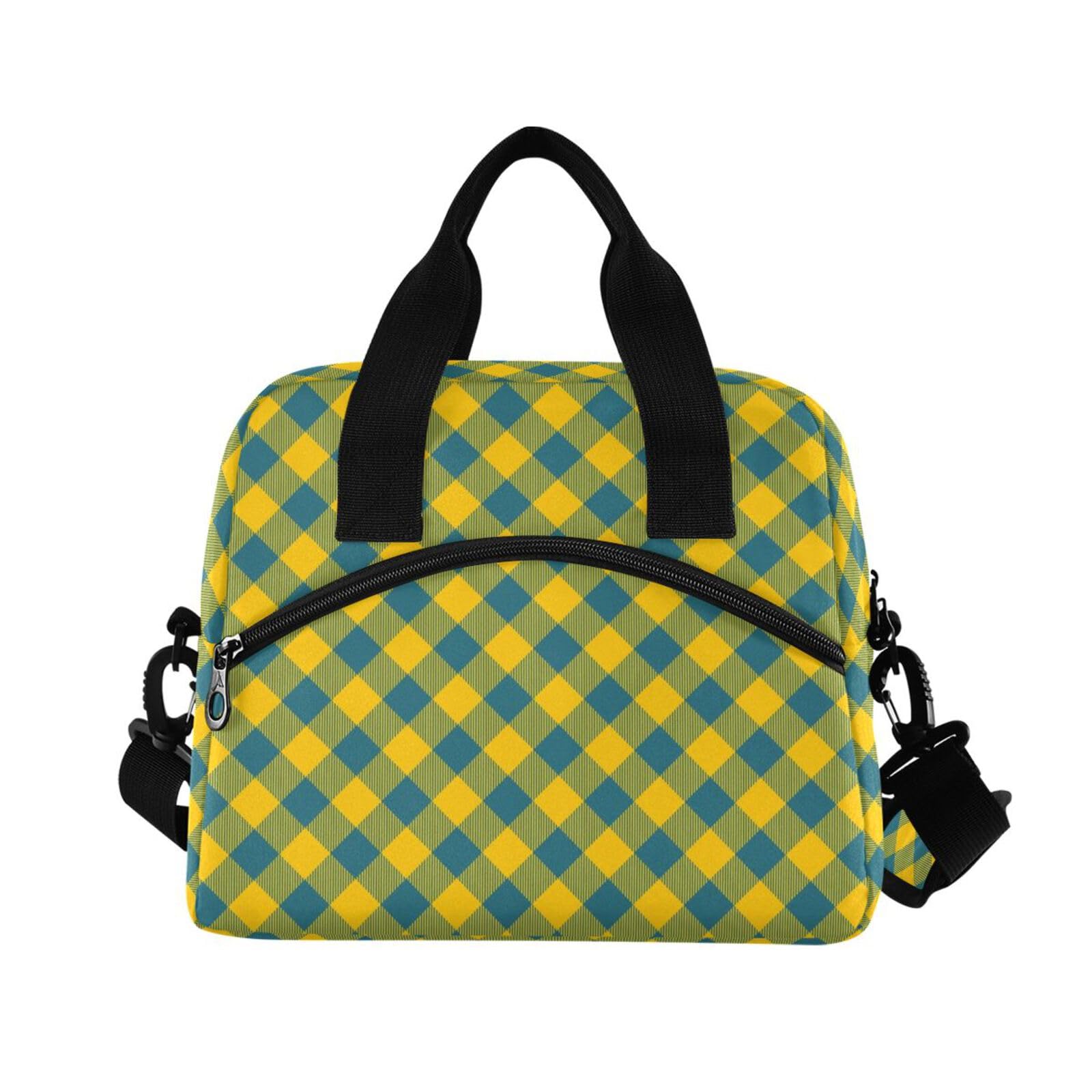 Insulated Lunch Bag Reusable Cooler Plaid Square Yellow Lunch Box Adjustable Shoulder Strap for Picnic Office School