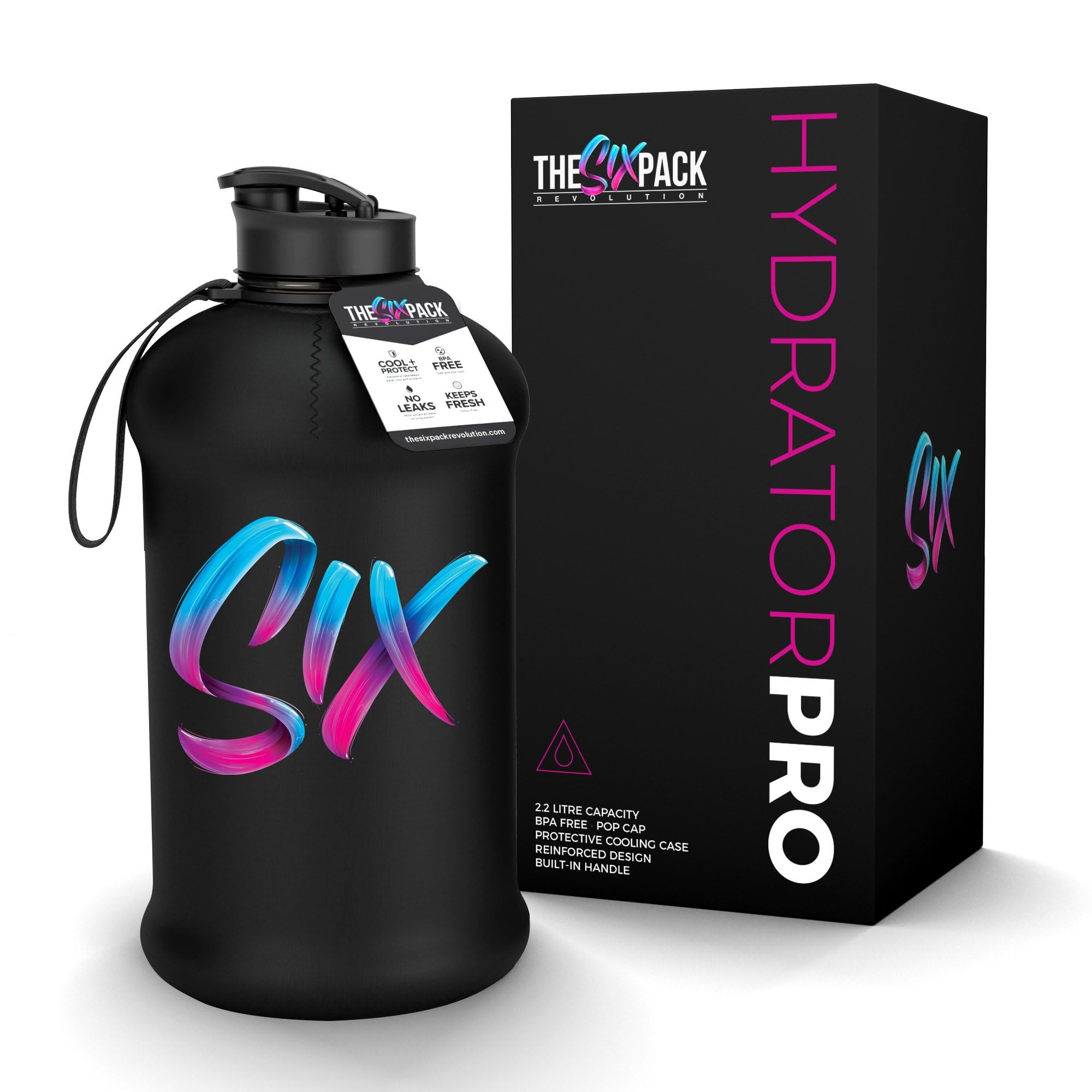 The Six Pack Revolution – SPR Hydrator Pro – 2.2L Water Bottle – BPA Free – Leak Proof – With Cooling Sleeve – Large Gym Bottle for Hydration, Recovery and Intense Fitness Days