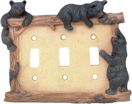 BestGiftEver Black Bear on Logs Triple Toggle Switch Cover Resin Wall Plate